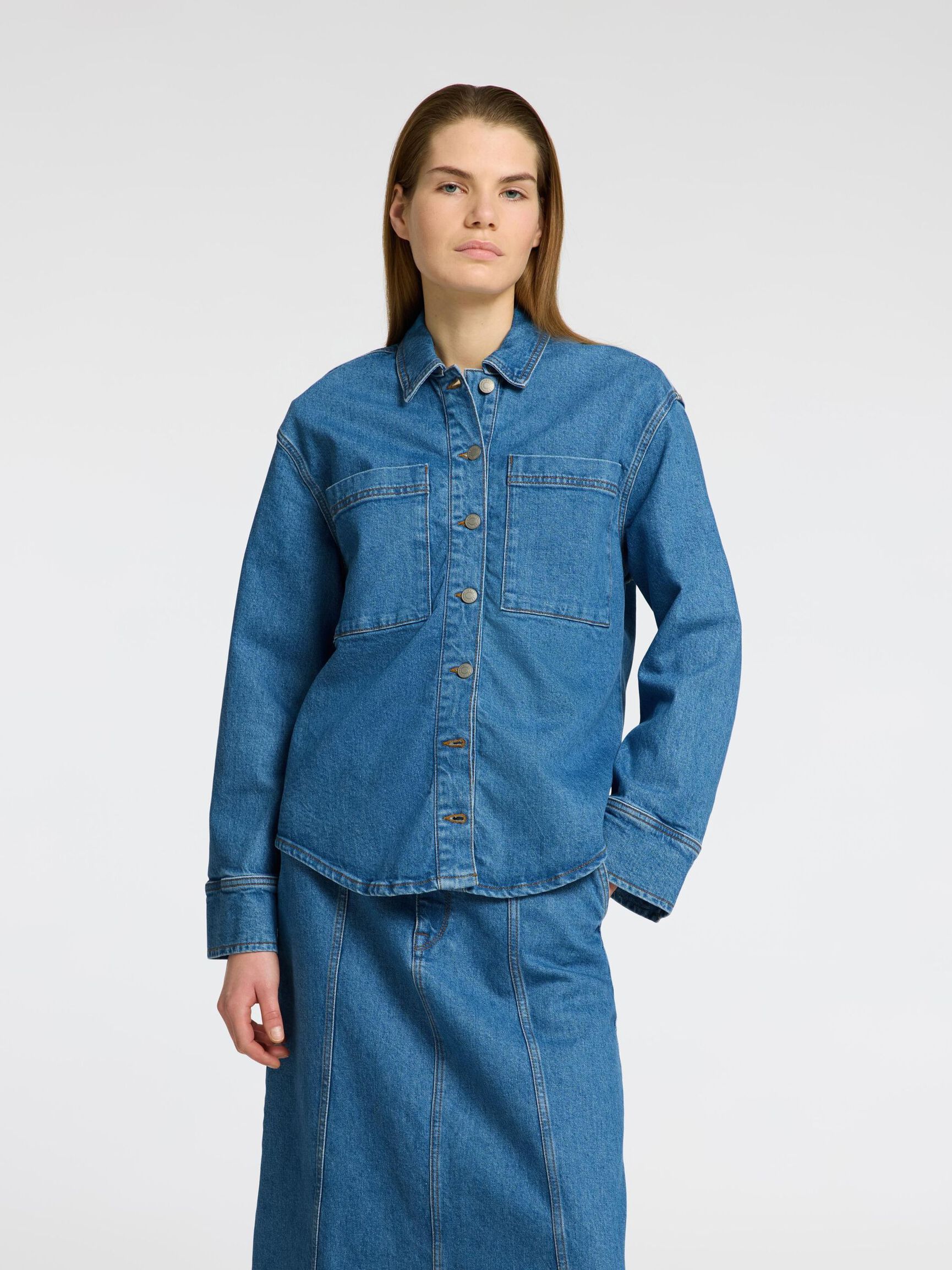 LANGARM JEANSHEMD, Medium Blue Denim, highres