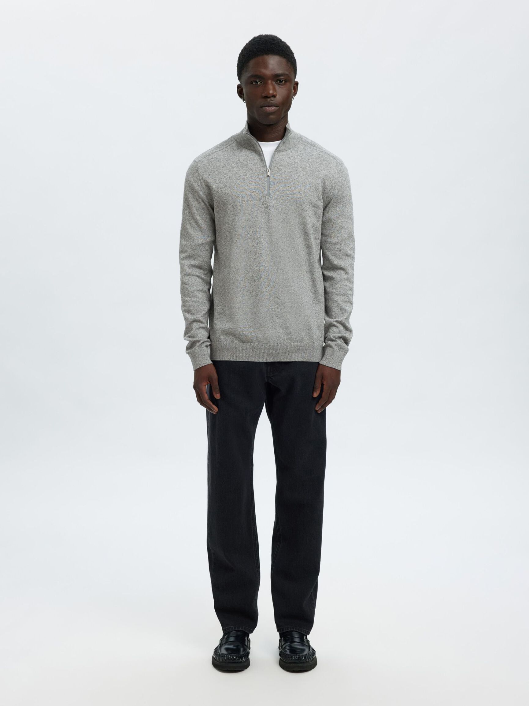 HALF-ZIP KNITTED JUMPER, Light Grey Melange, highres