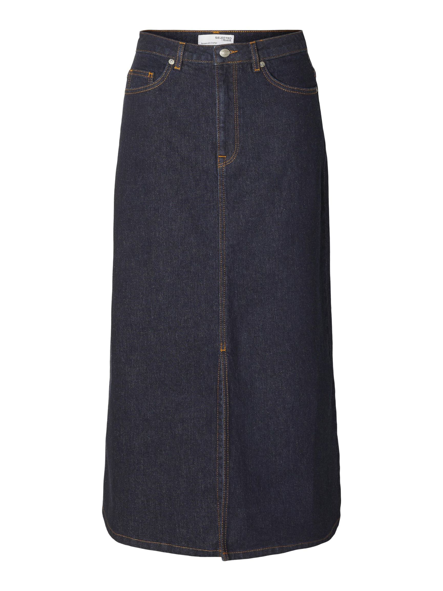 DENIM MIDDELLANGE ROK, Dark Blue Denim, highres