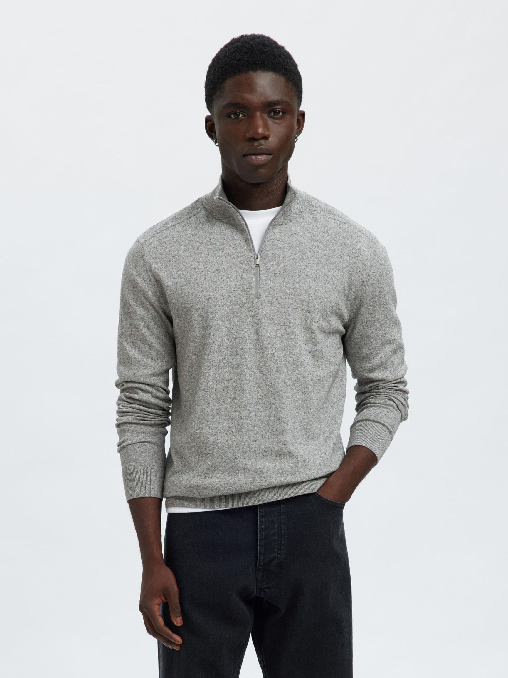 HALF-ZIP KNITTED JUMPER, Light Grey Melange, highres