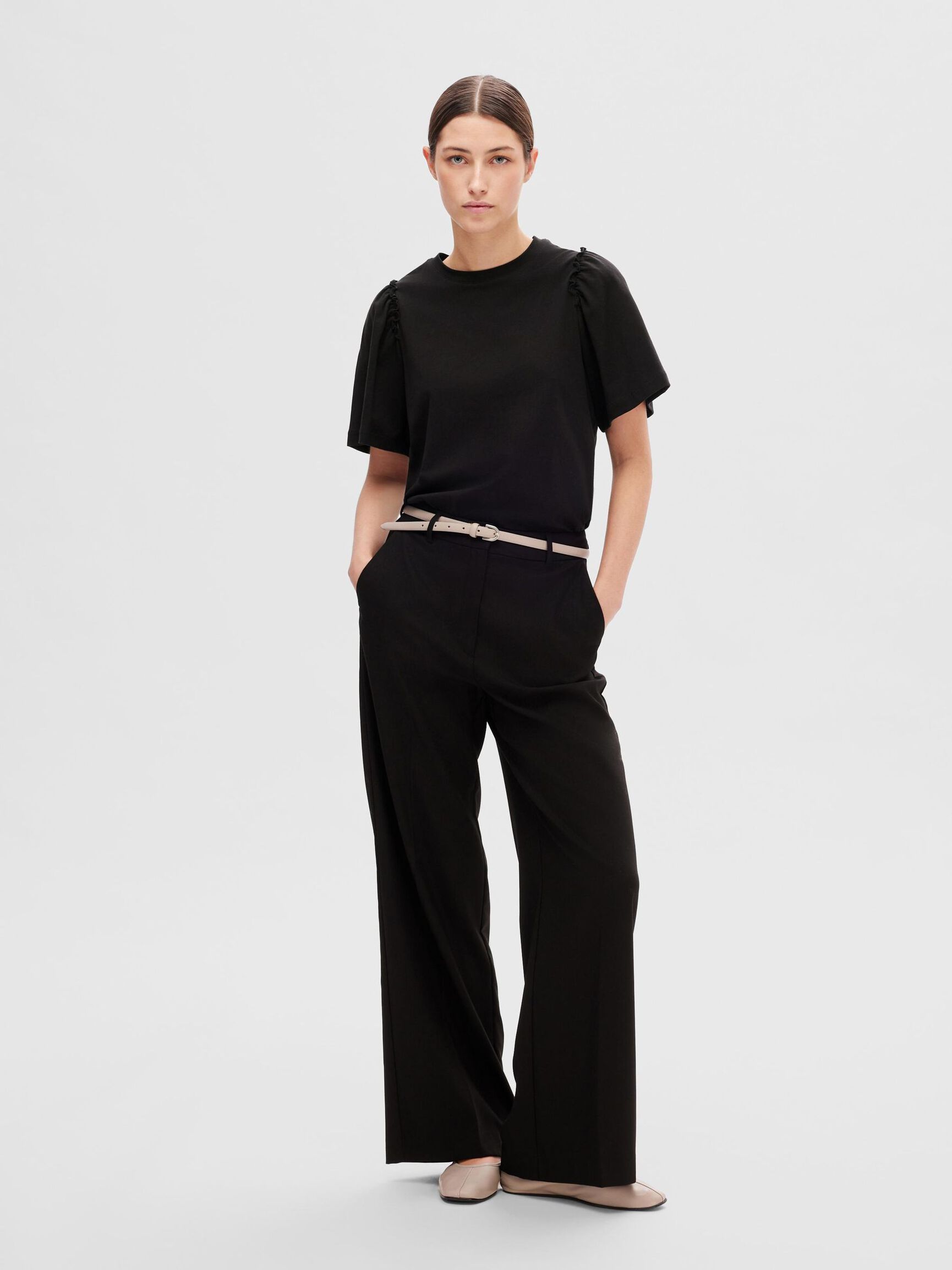 RUFFLED COTTON T-SHIRT, Black, highres