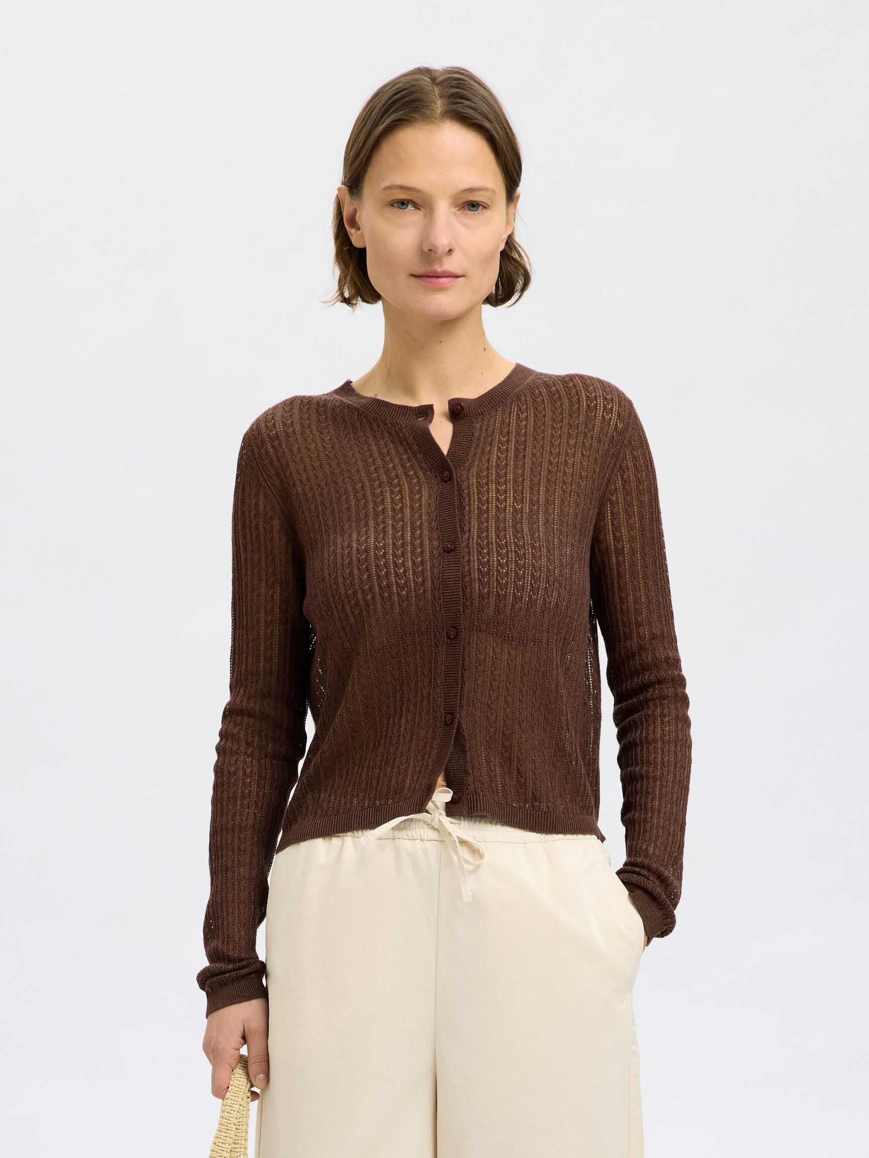 HAMPBLANDING STRIKKET CARDIGAN, Chestnut, highres