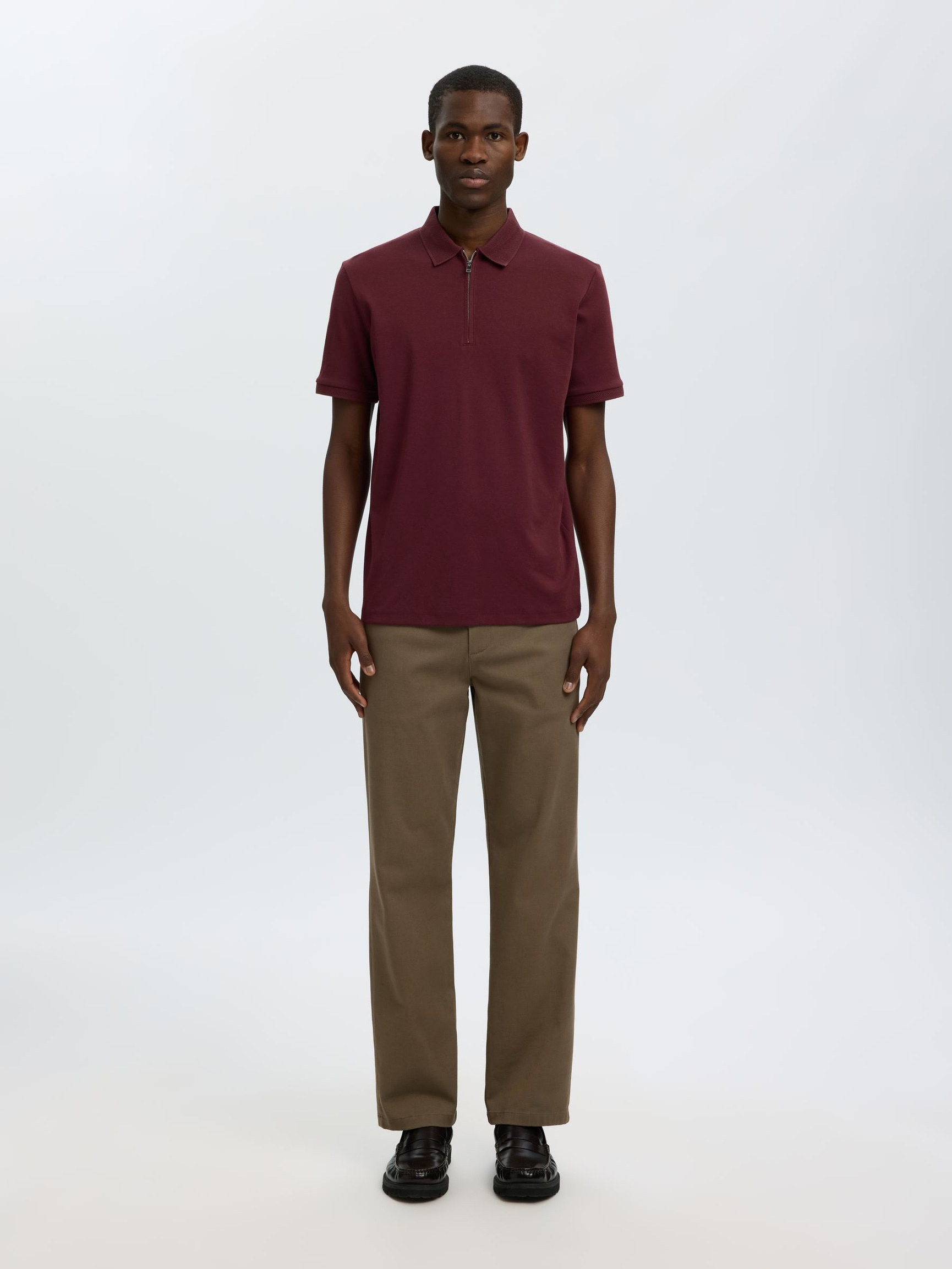 ZIPPER KNITTED POLO SHIRT, Tawny Port, highres