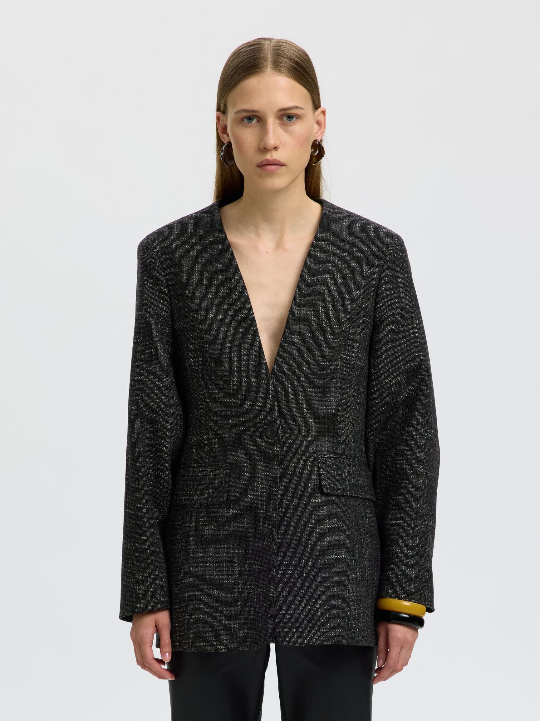 WOOL BLEND BLAZER, Dark Grey, highres