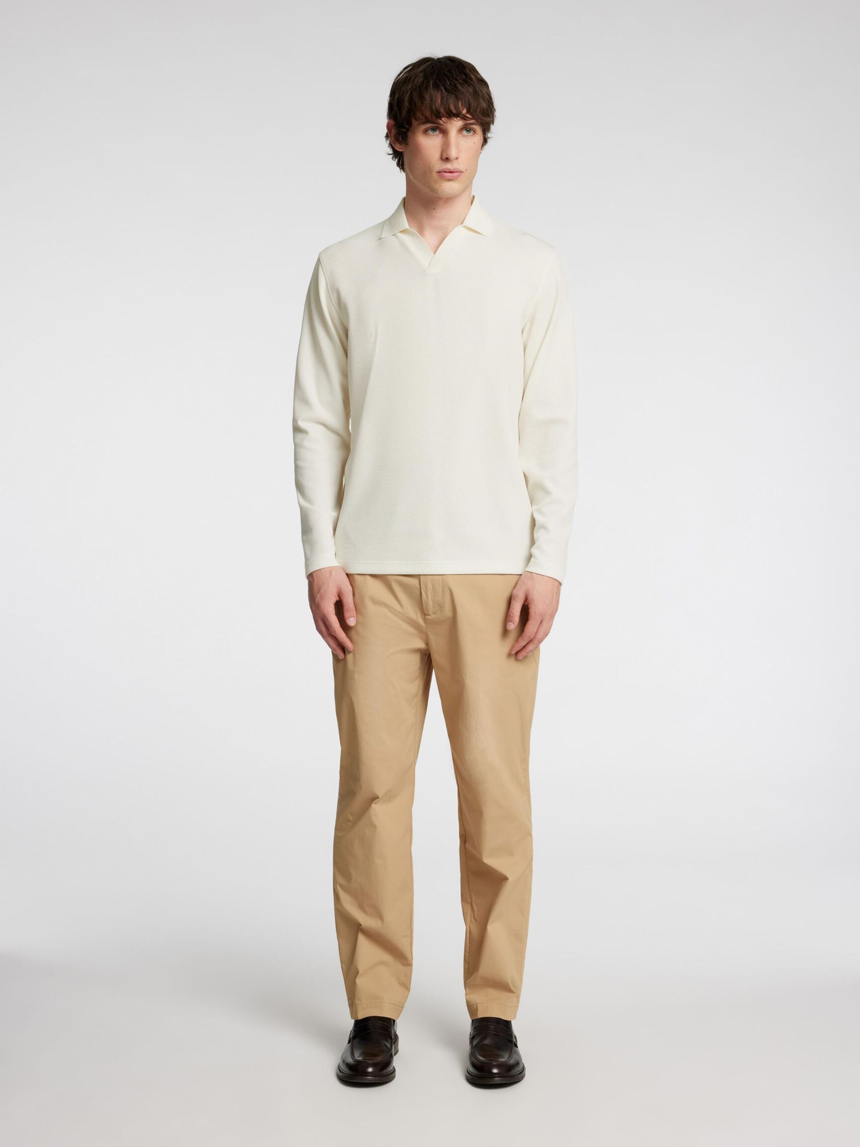 GEBREIDE POLO MET LANGE MOUWEN, Egret, highres