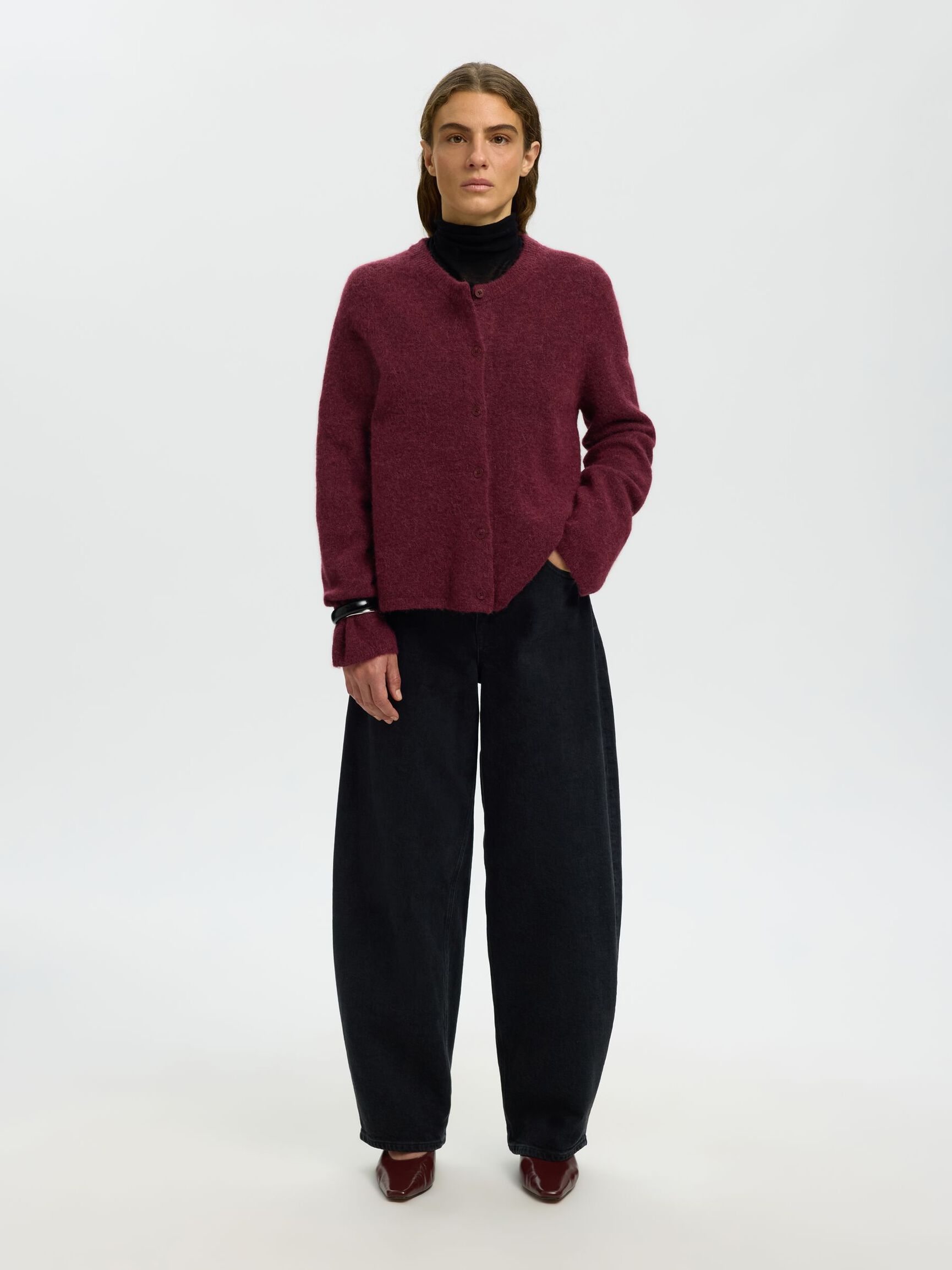WOOL BLEND CARDIGAN, Tawny Port, highres