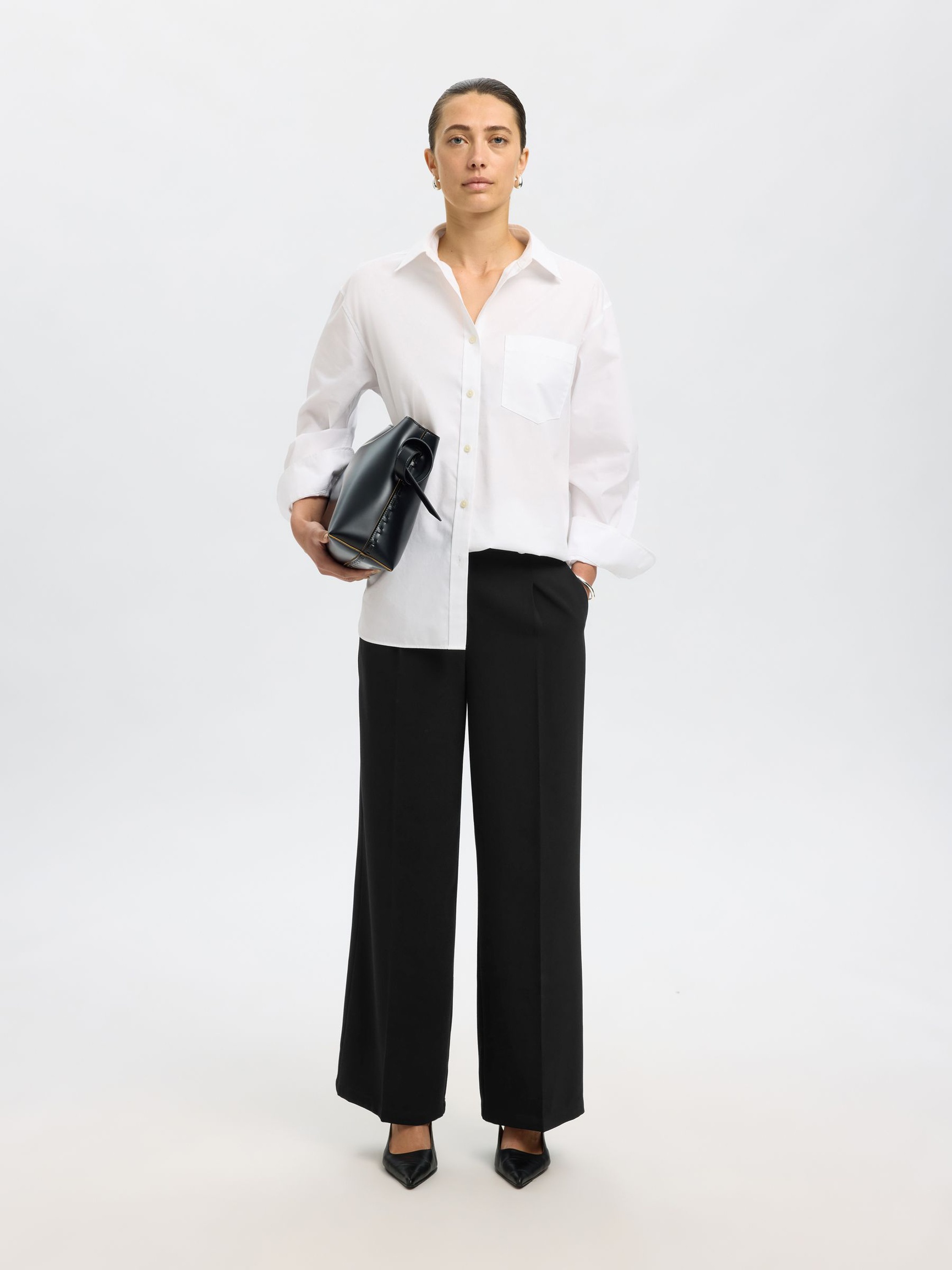 WOVEN WIDE-LEG TROUSERS, Black, highres