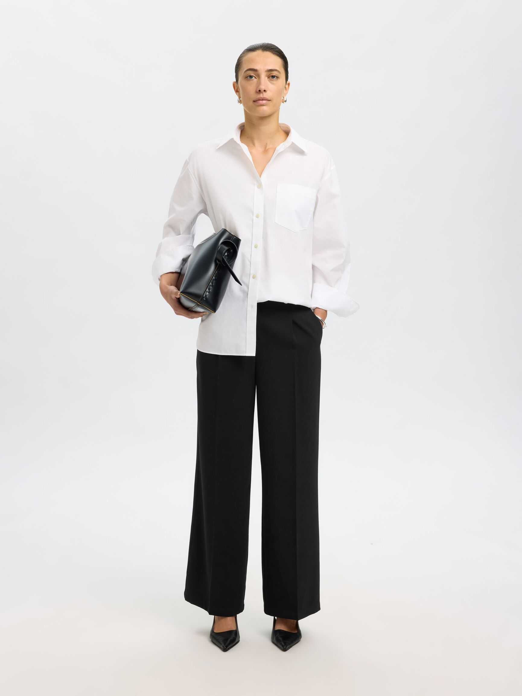 WOVEN WIDE-LEG TROUSERS, Black, highres