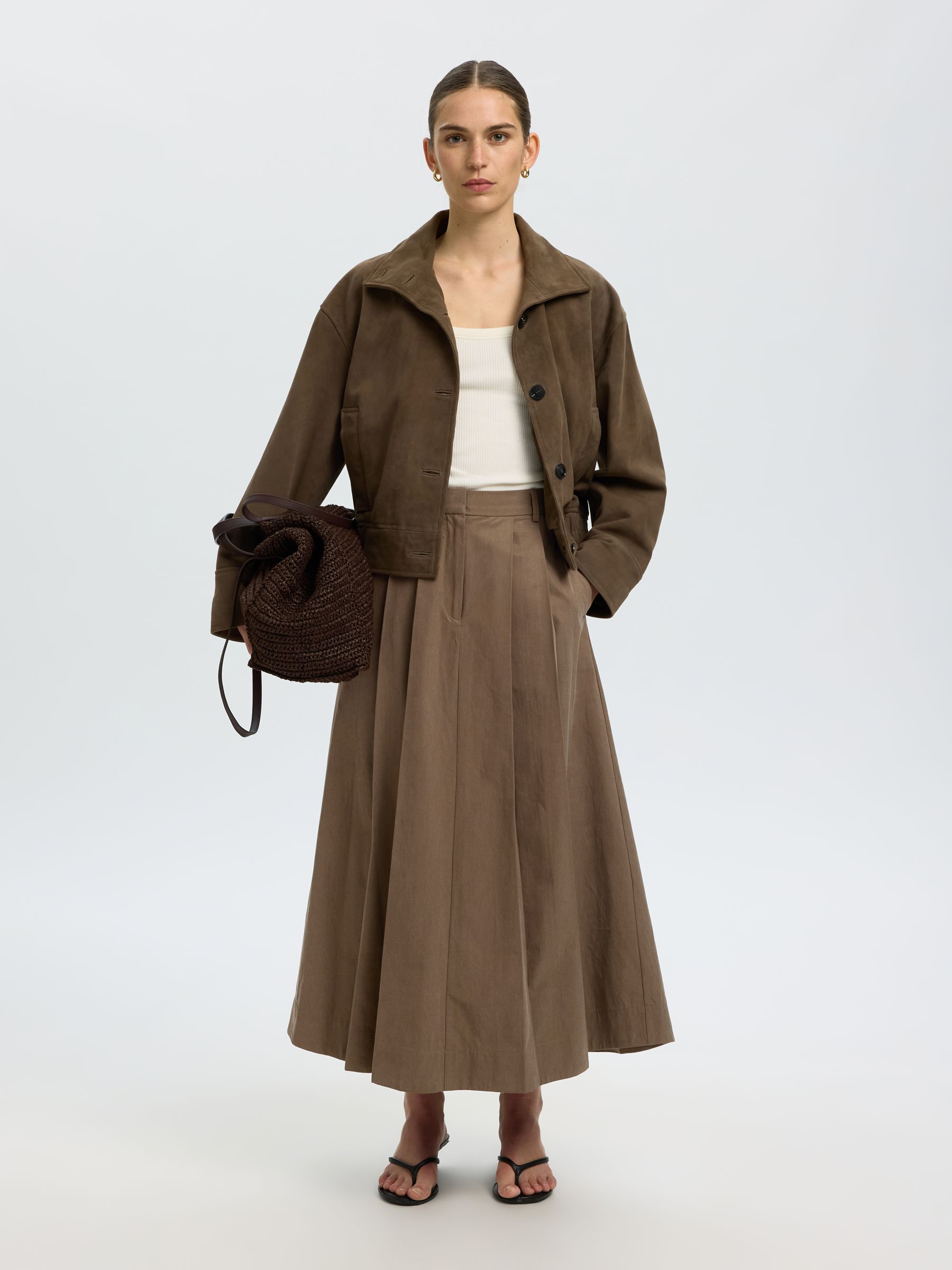 COTTON BLEND MIDI SKIRT, Chocolate Chip, highres