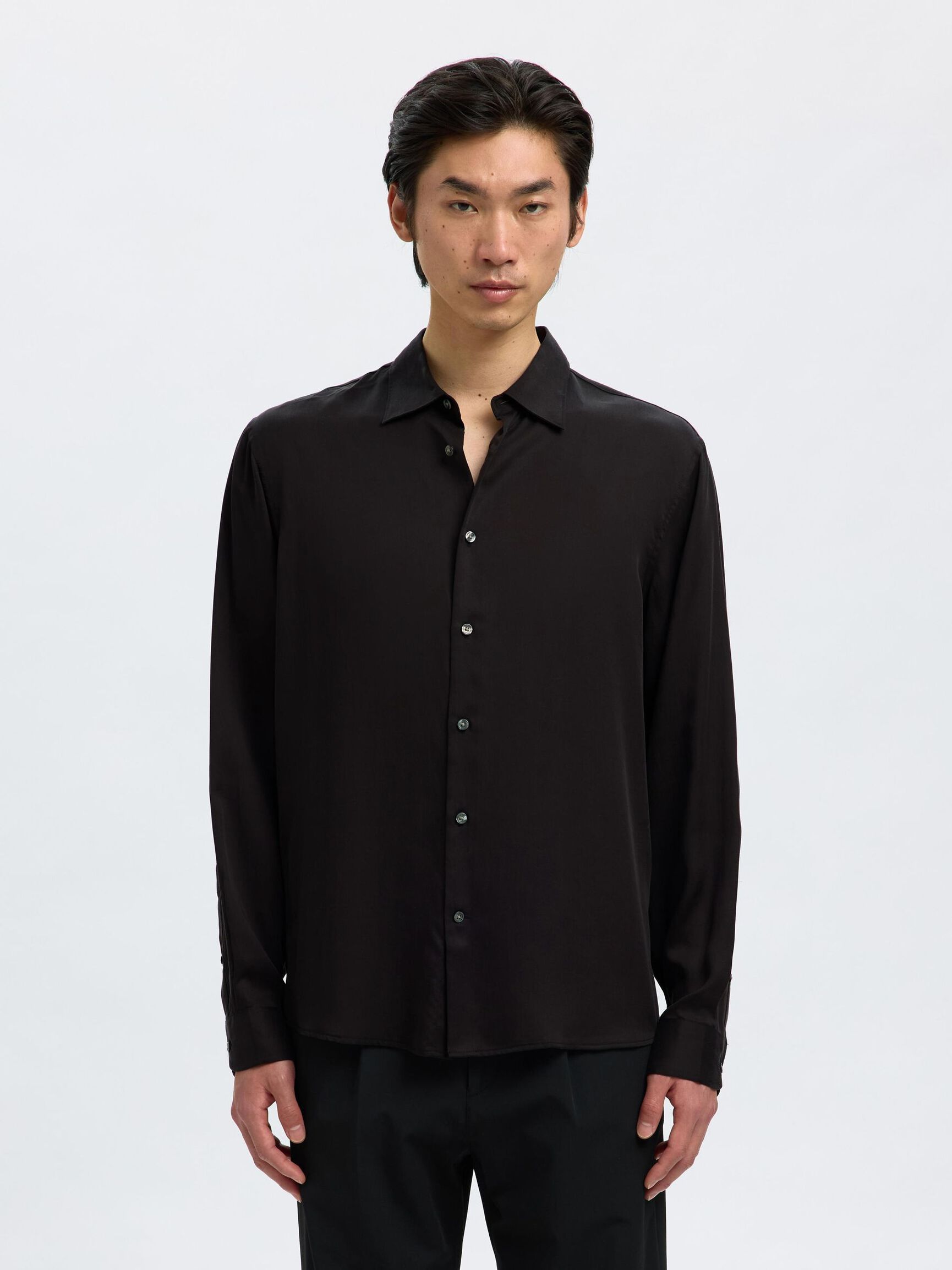 RELAXED FIT SATIN SHIRT, Black, highres