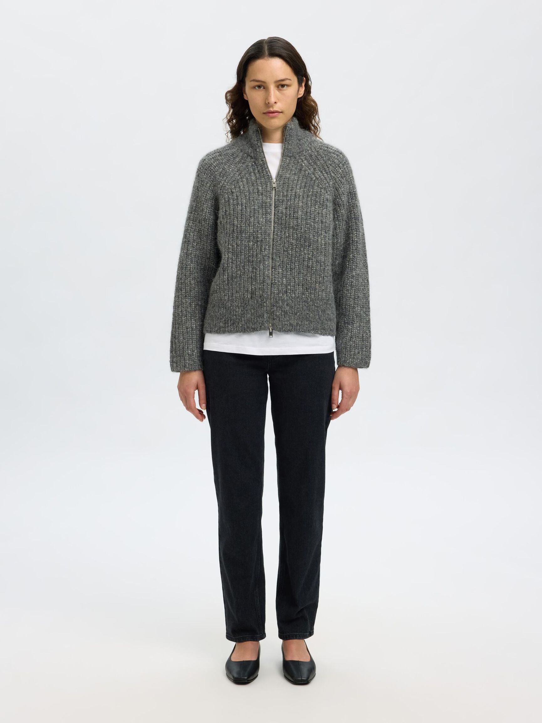 WOOL BLEND ZIP-FRONT CARDIGAN, Medium Grey Melange, highres