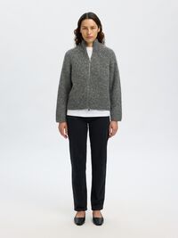 WOOL BLEND ZIP-FRONT CARDIGAN, Medium Grey Melange, highres
