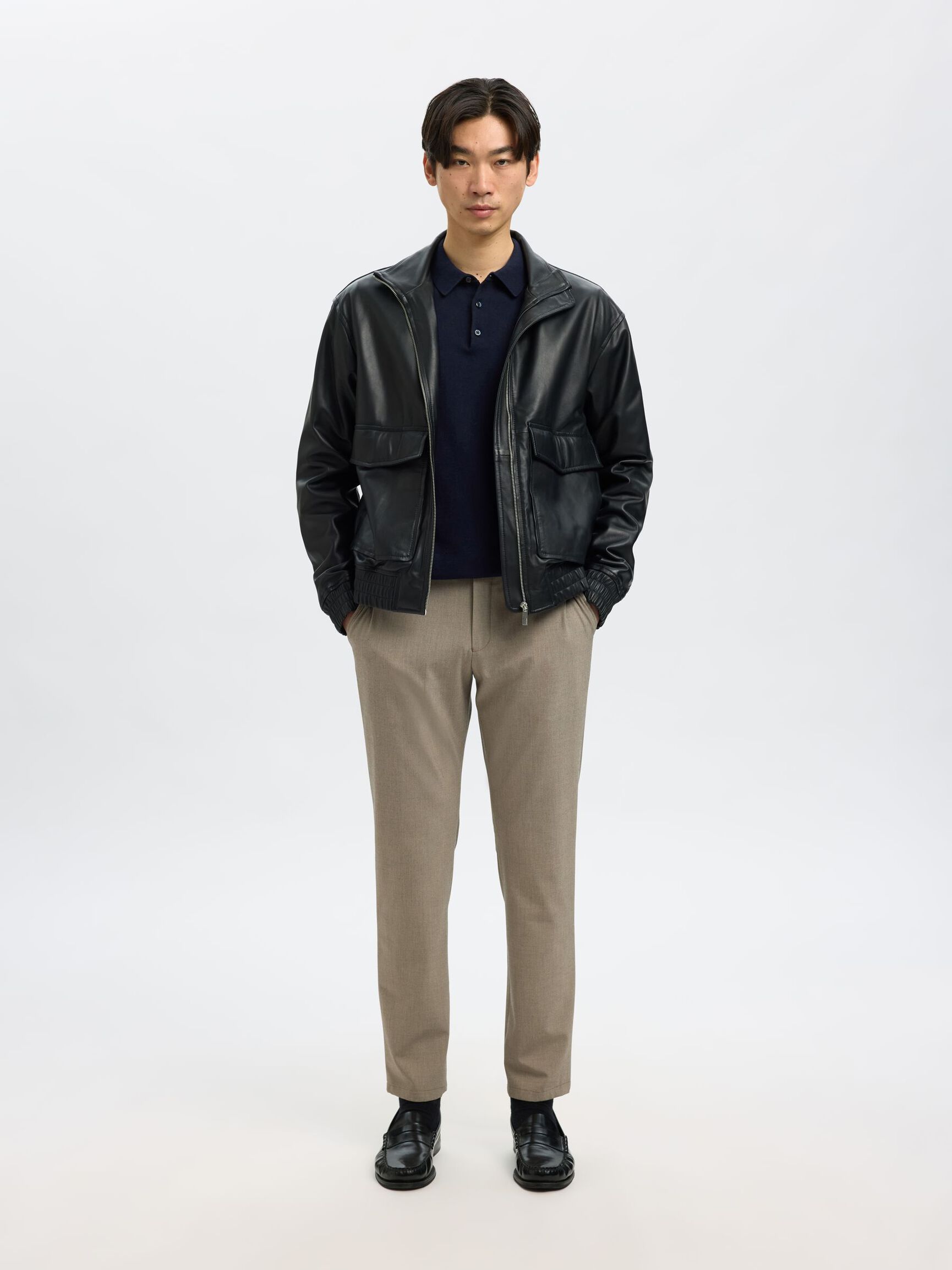 KNITTED LONG-SLEEVED POLO SHIRT, Navy Blazer, highres
