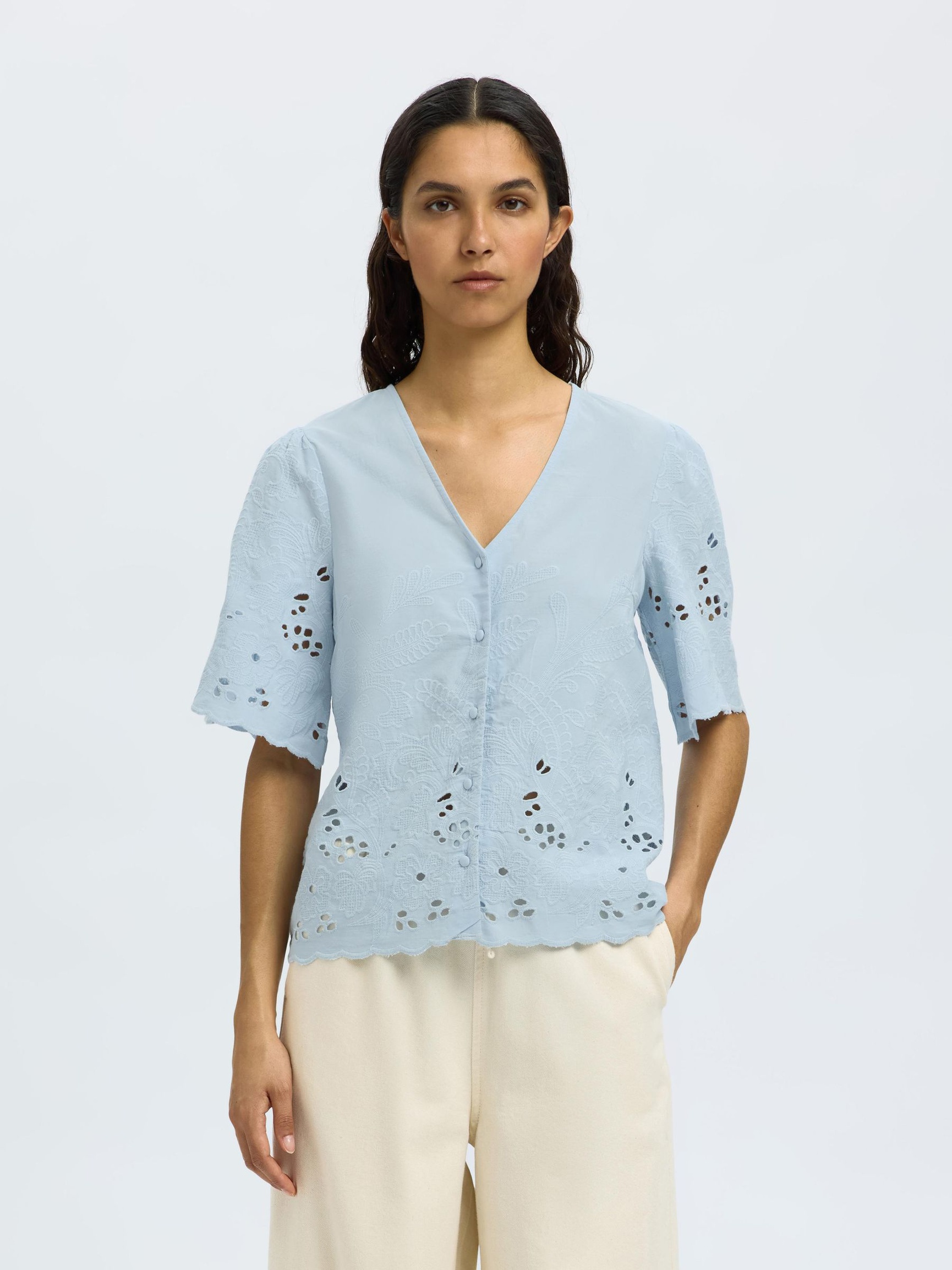 GEBORDUURD OVERHEMD MET KORTE MOUWEN, Cashmere Blue, highres