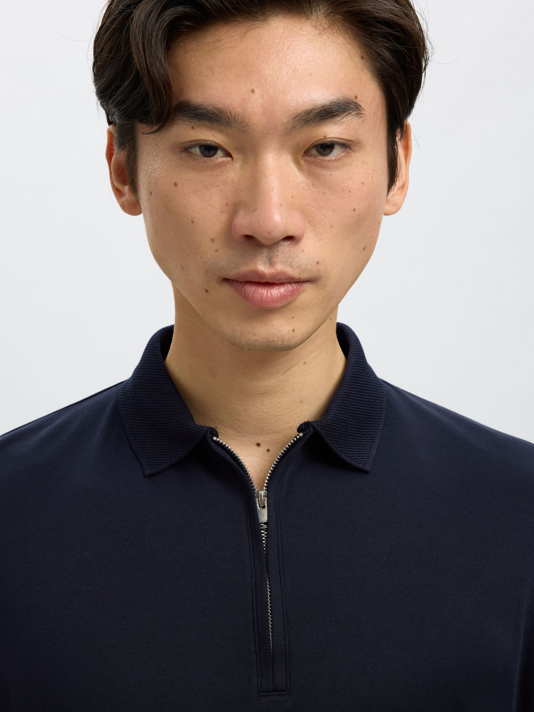 ZIPPER KNITTED POLO SHIRT, Sky Captain, highres