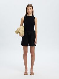 MID WAIST LINEN-BLEND SHORTS, Black, highres