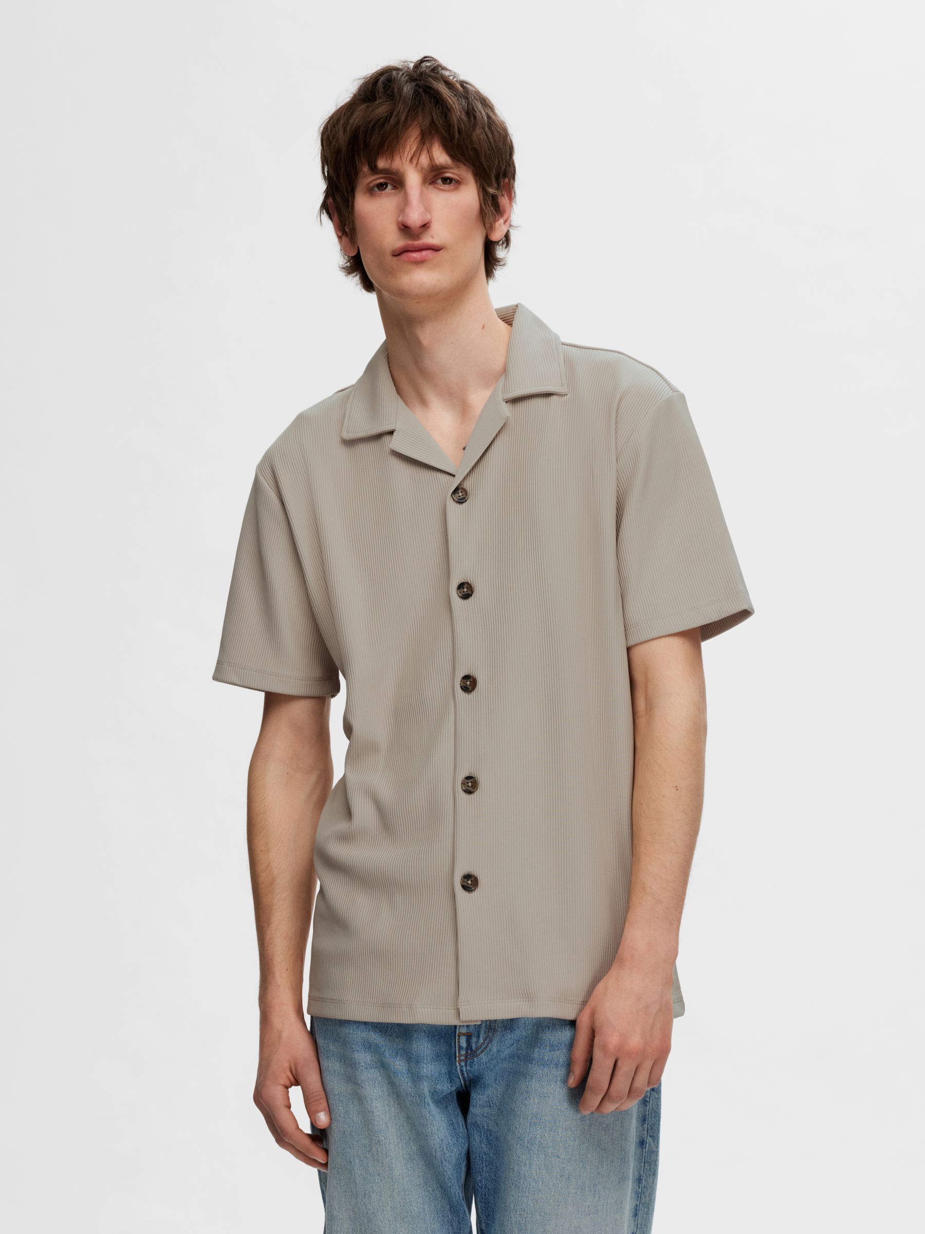 RIBBED CUBAN COLLAR SHORT SLEEVED SHIRT, Pure Cashmere, highres