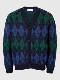 ARGYLE PRINT KNITTED CARDIGAN, Sky Captain, highres