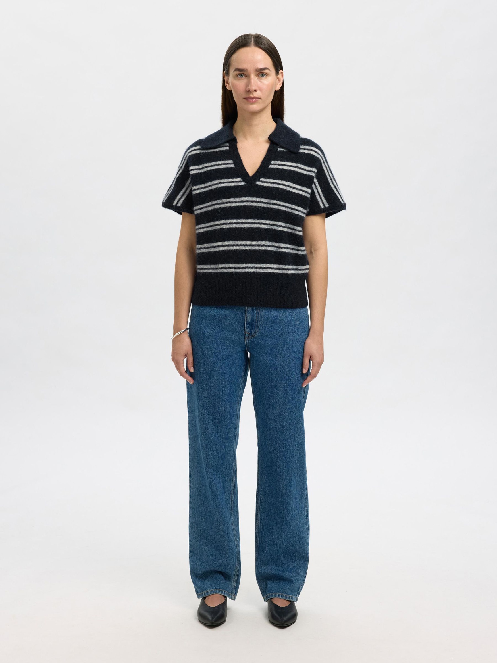 ULDBLANDING STRIKKET POLOSHIRT, Dark Sapphire, highres