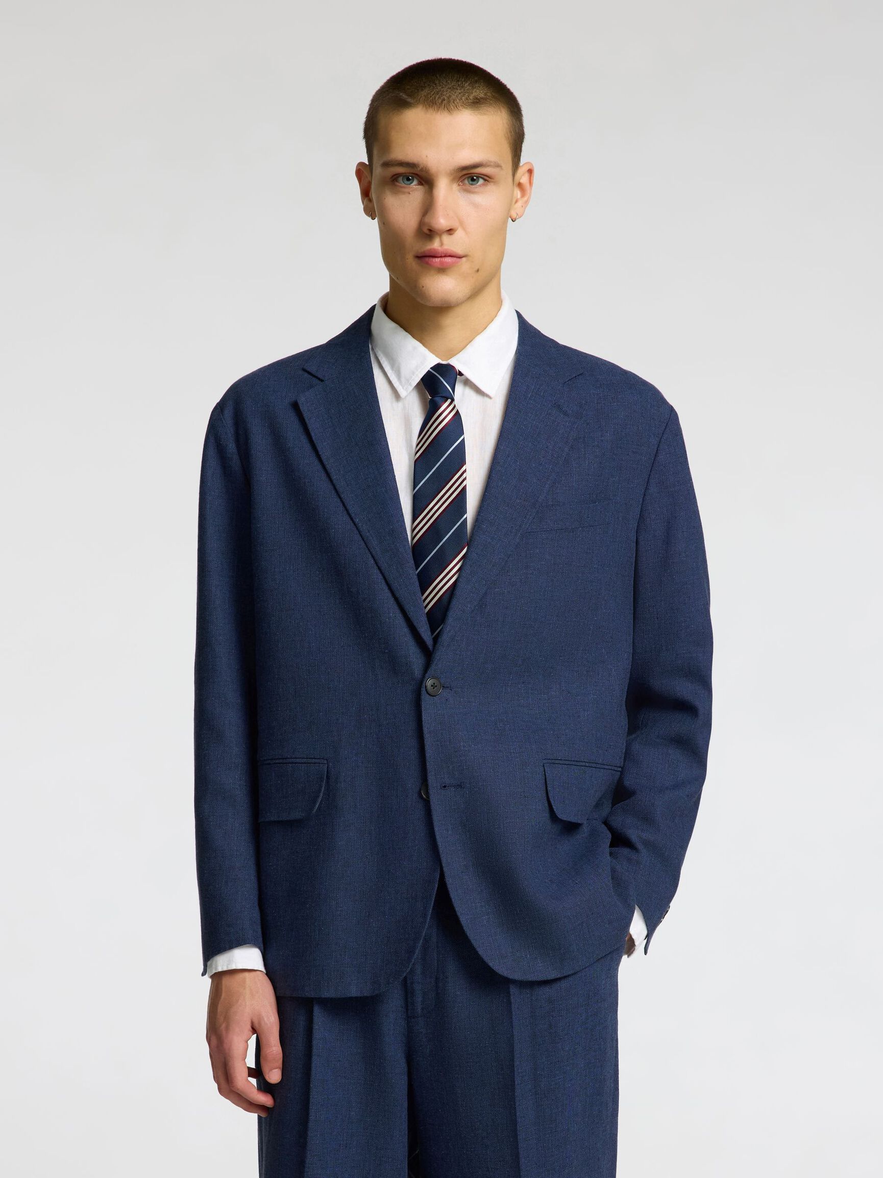 LINEN BLEND SINGLE-BREASTED BLAZER, Outer Space, highres