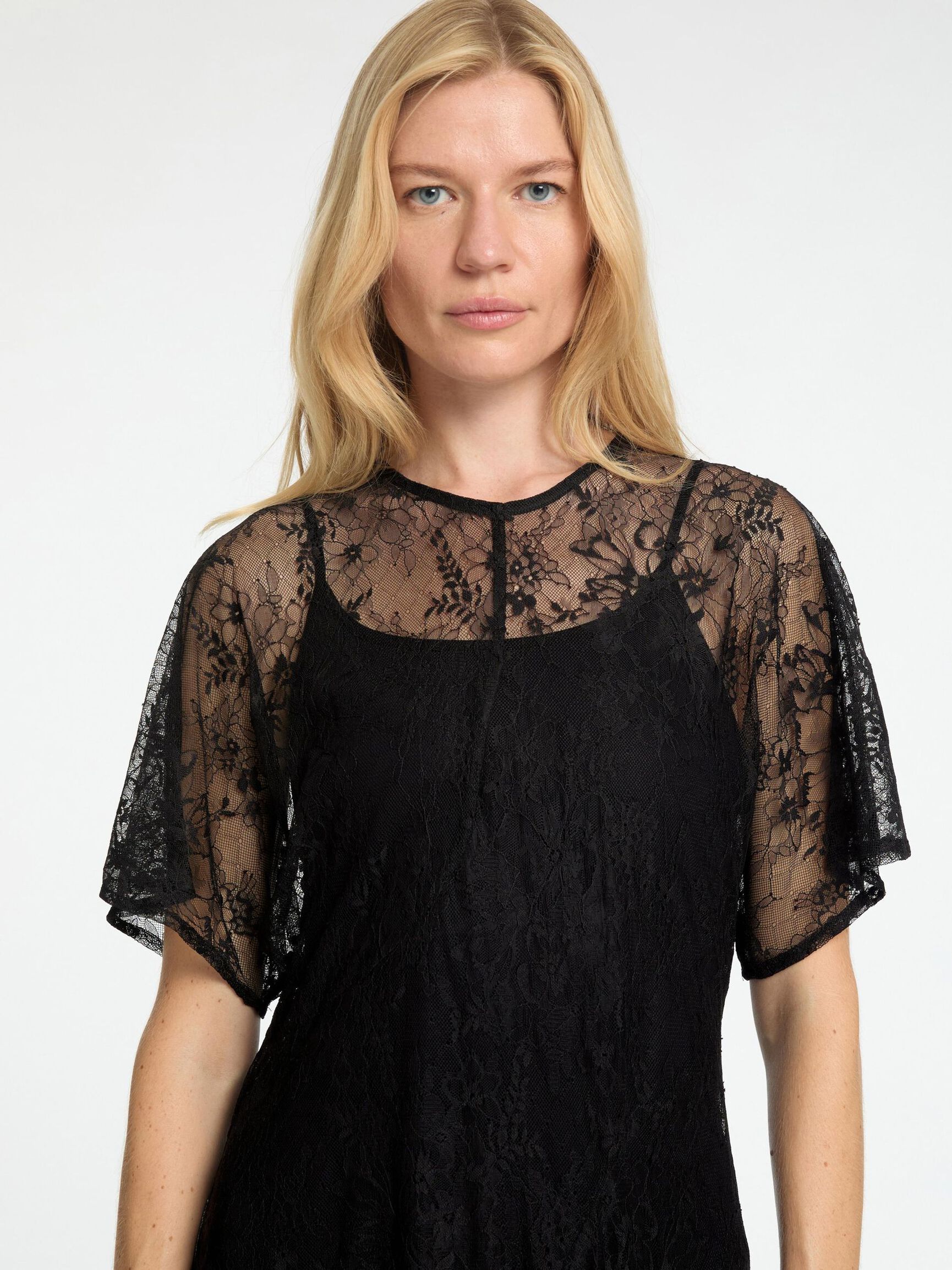 LACE MIDI DRESS, Black, highres