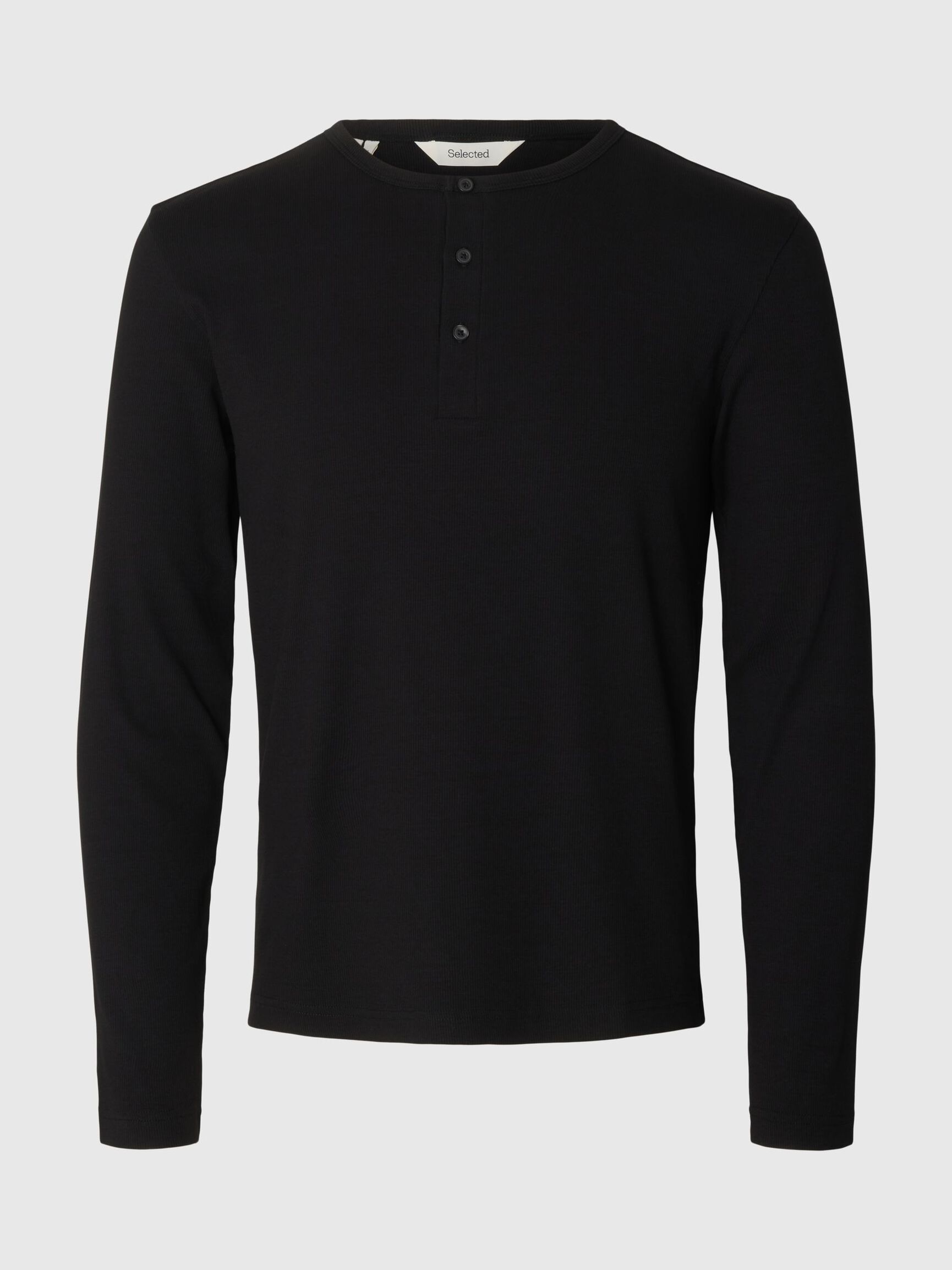 GERIPPTES LANGARM HENLEY SHIRT, Black, highres