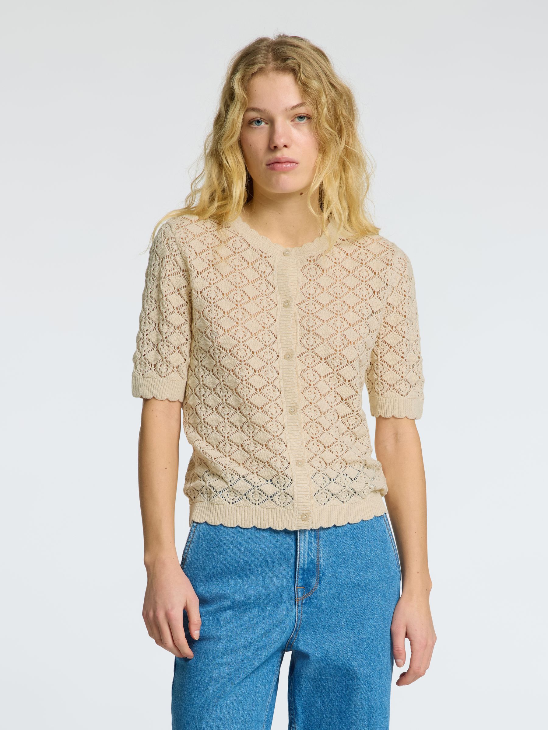 SHORT SLEEVED KNITTED CARDIGAN, Birch, highres