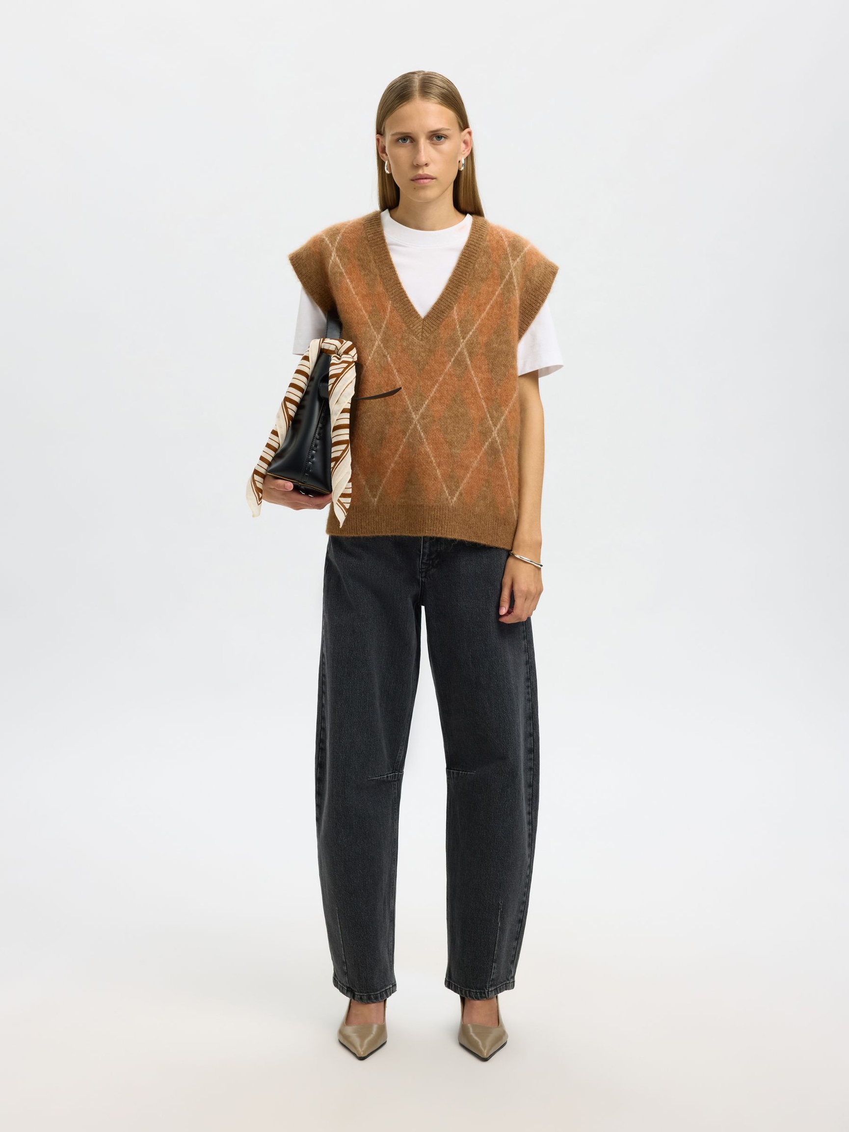 WOOL BLEND KNITTED VEST, Golden Brown, highres