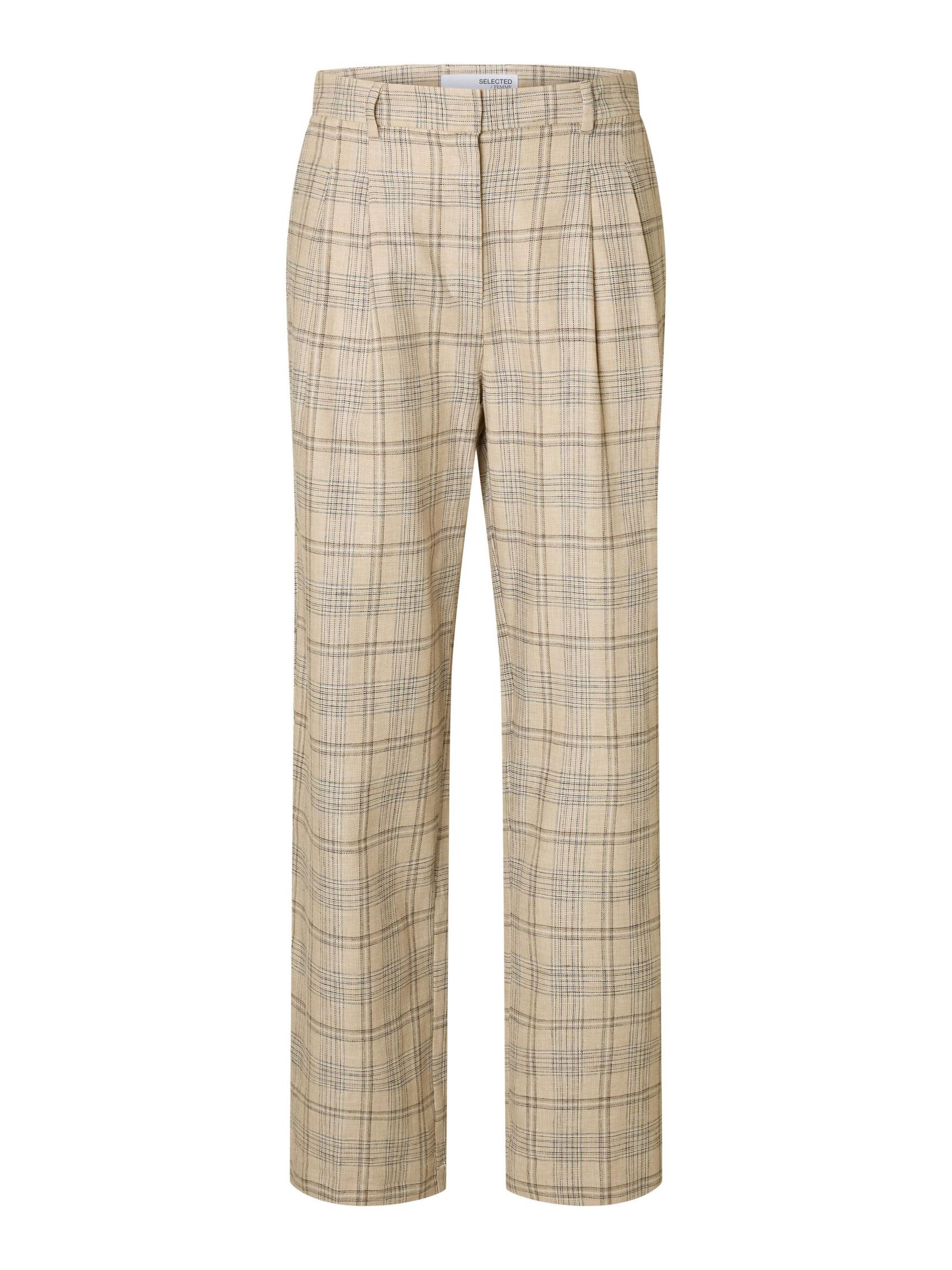 LINEN BLEND CHECKED WIDE-LEG TROUSERS, Bleached Sand, highres