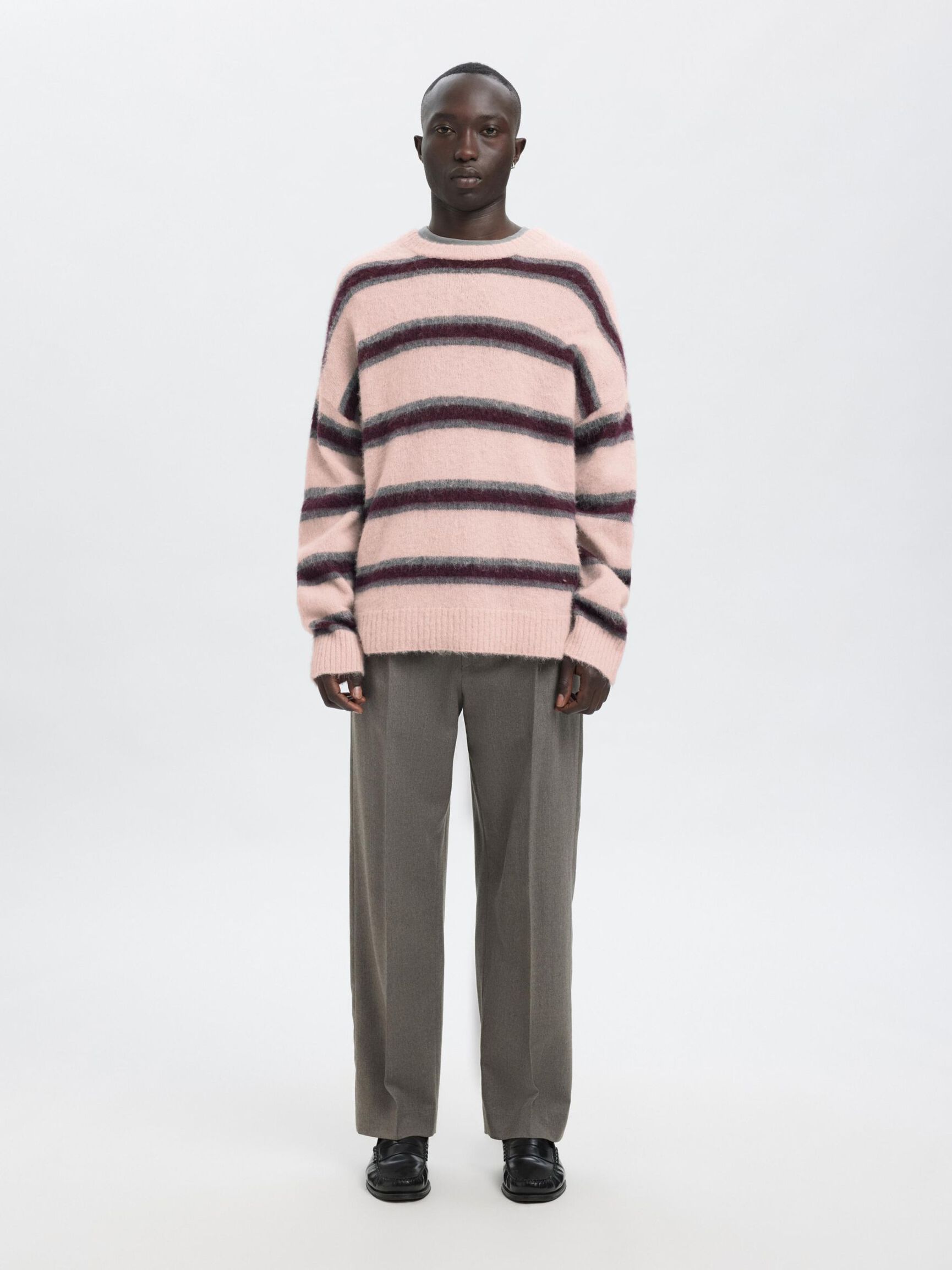 STRIPED KNITTED PULLOVER, Barely Pink, highres
