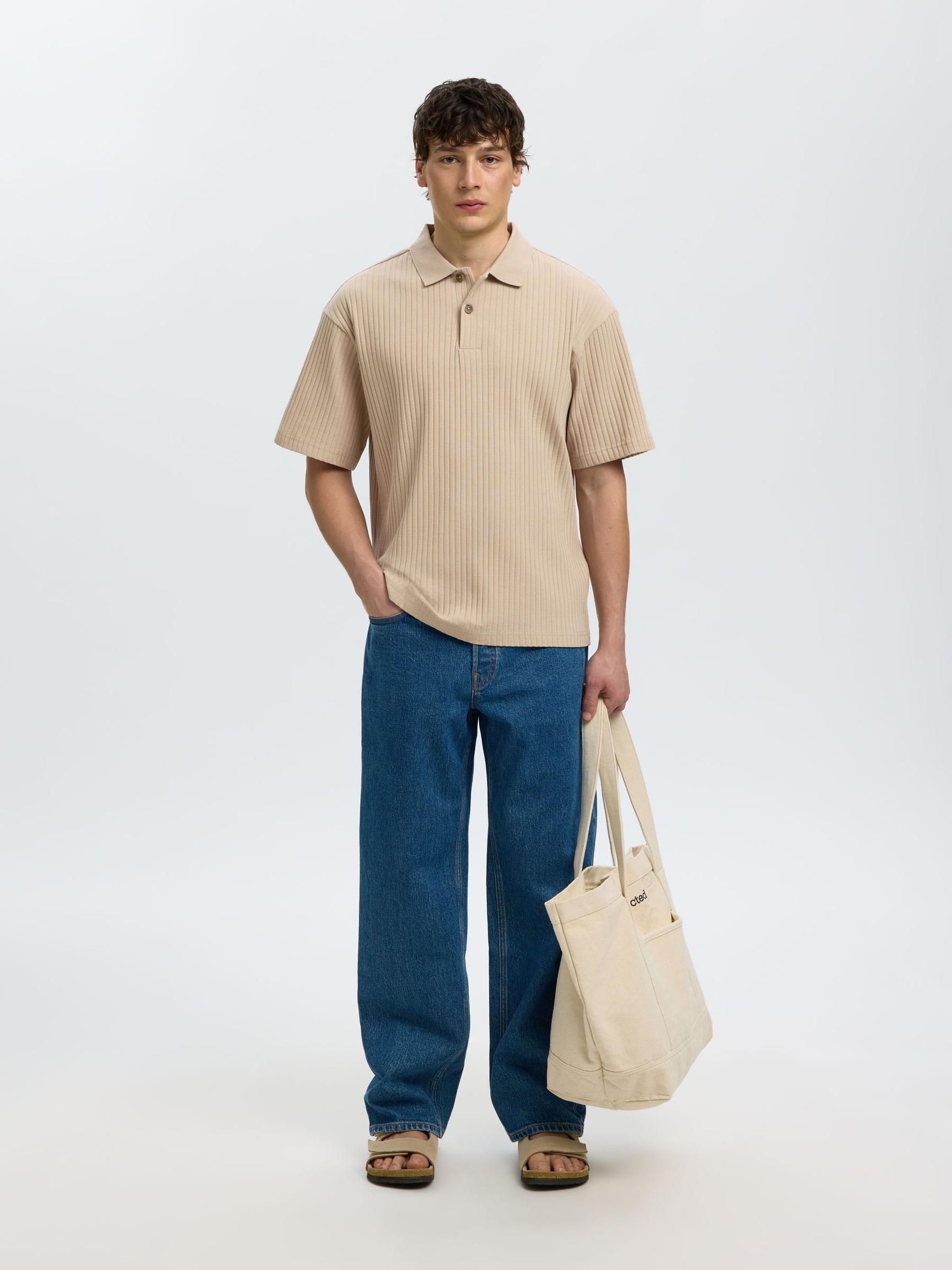 RELAXED FIT RIBBED POLO SHIRT, Pure Cashmere, highres