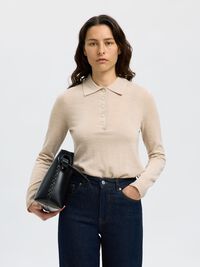 100% MERINOULD STRIKKET POLOSHIRT, Oatmeal, highres
