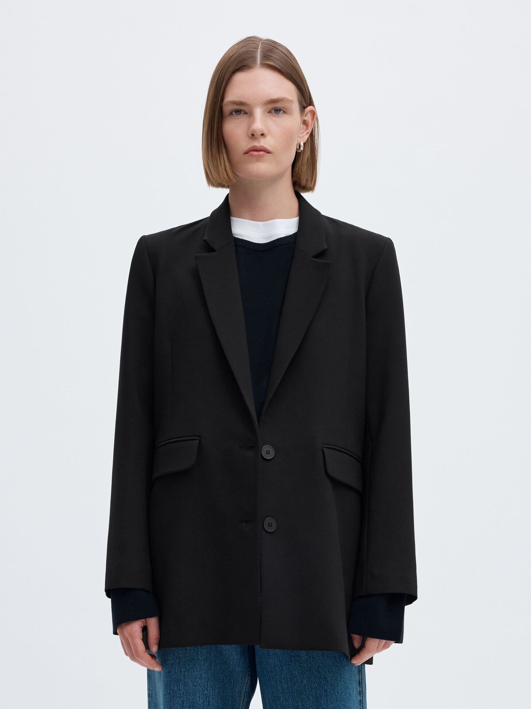 LONG RELAXED FIT SINGLE-BREASTED BLAZER, Black, highres
