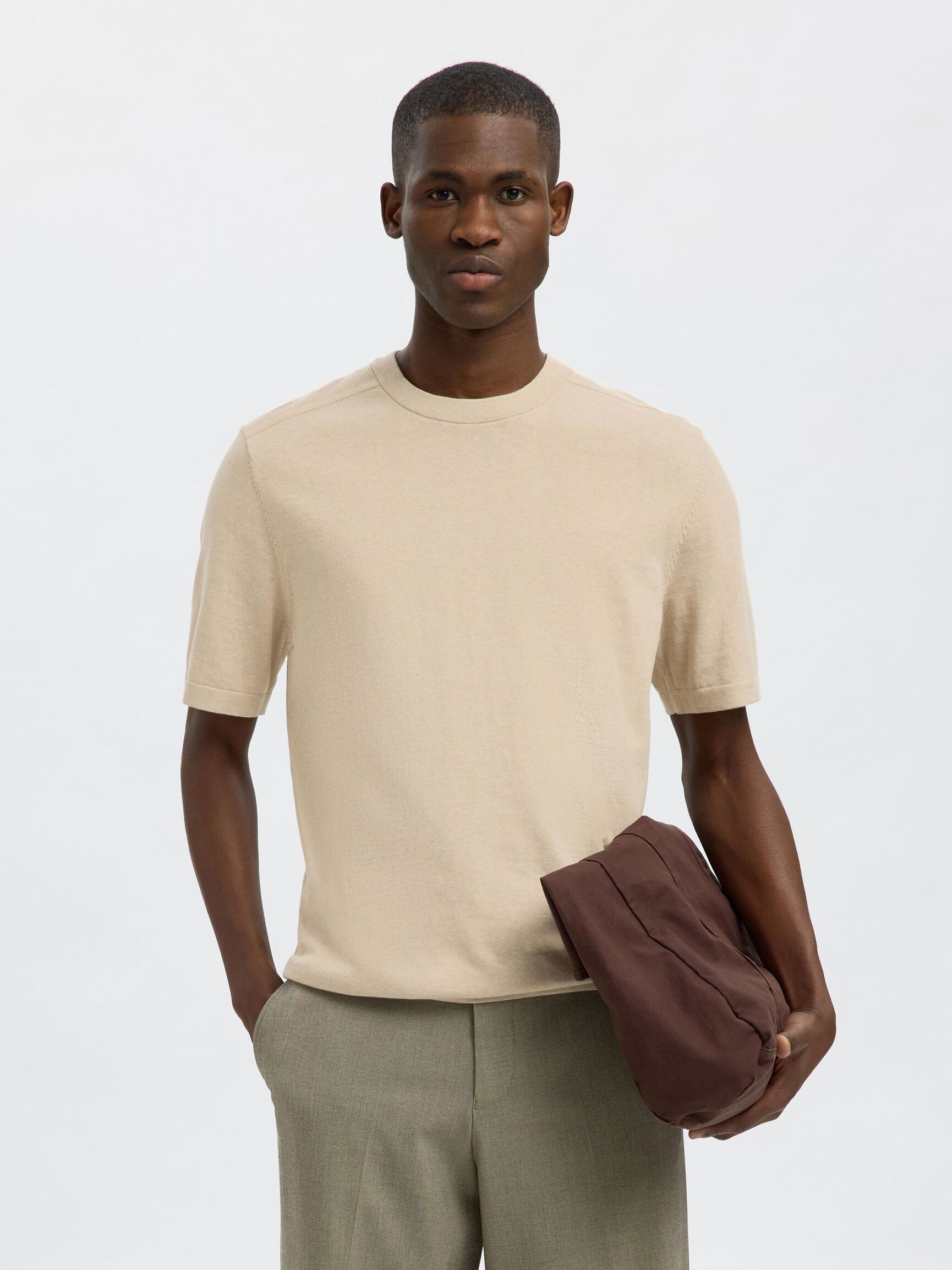 100% COTTON KNITTED TOP, Oatmeal, highres