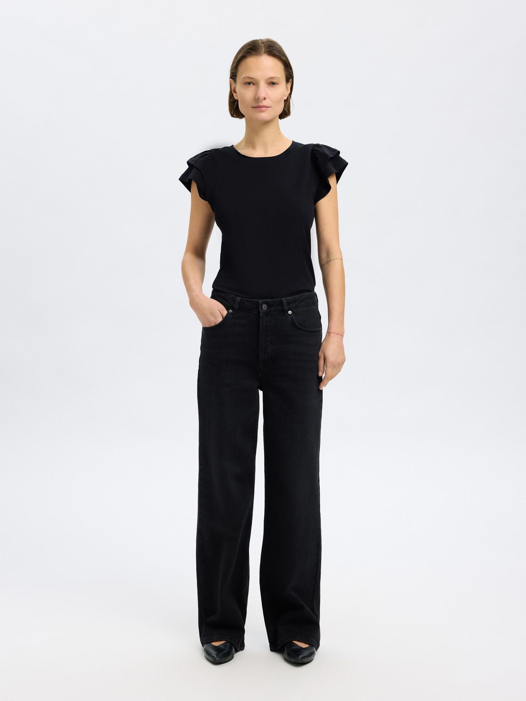 COTTON RUFFLED T-SHIRT, Black, highres