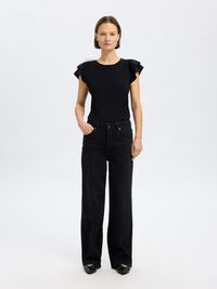COTTON RUFFLED T-SHIRT, Black, highres
