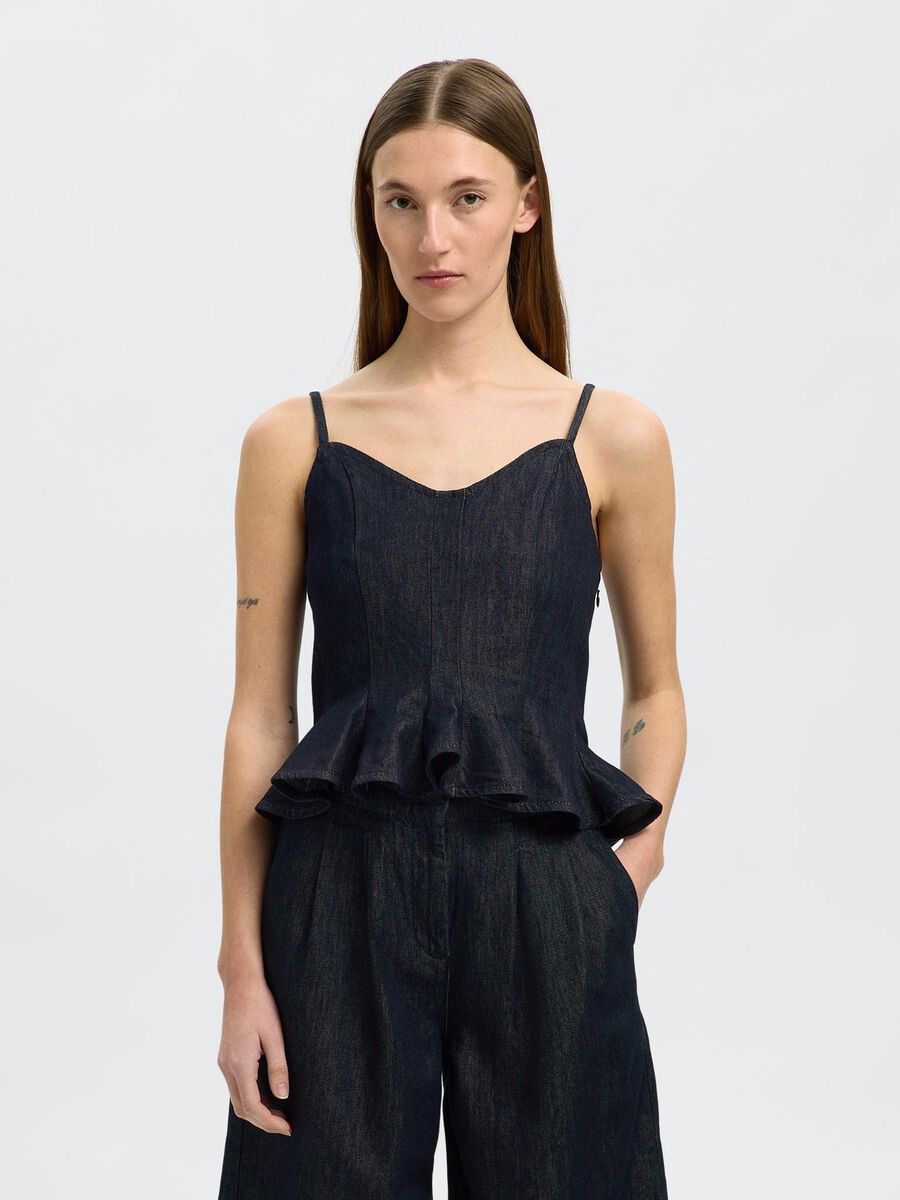 Selected DENIM STRAP TOP, Dark Blue Denim, highres - 16099018_DarkBlueDenim_003.jpg