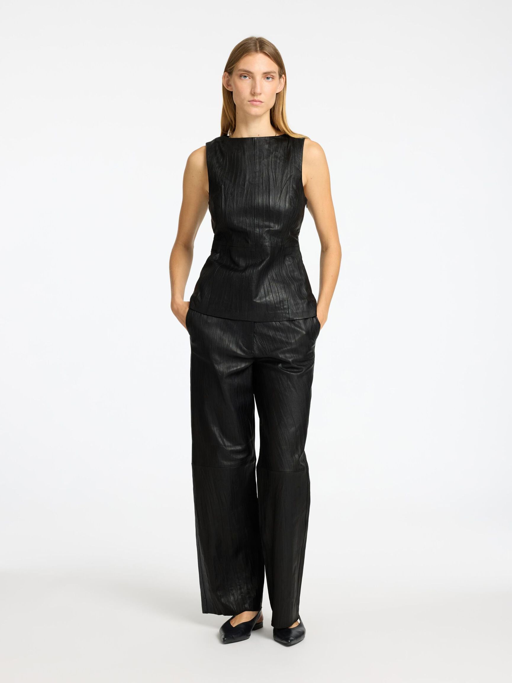 MID WAIST LEATHER TROUSERS, Black, highres