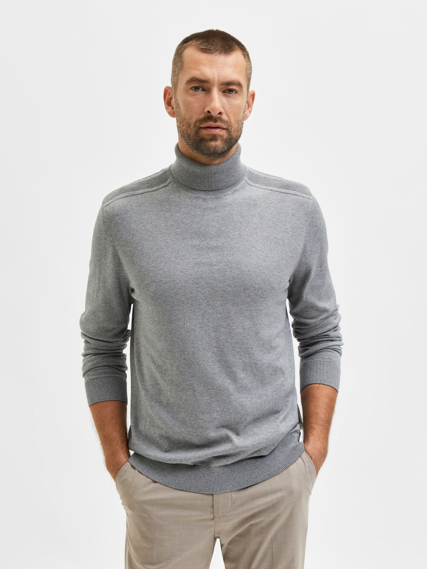 LONG-SLEEVED ROLL NECK PULLOVER, Medium Grey Melange, highres