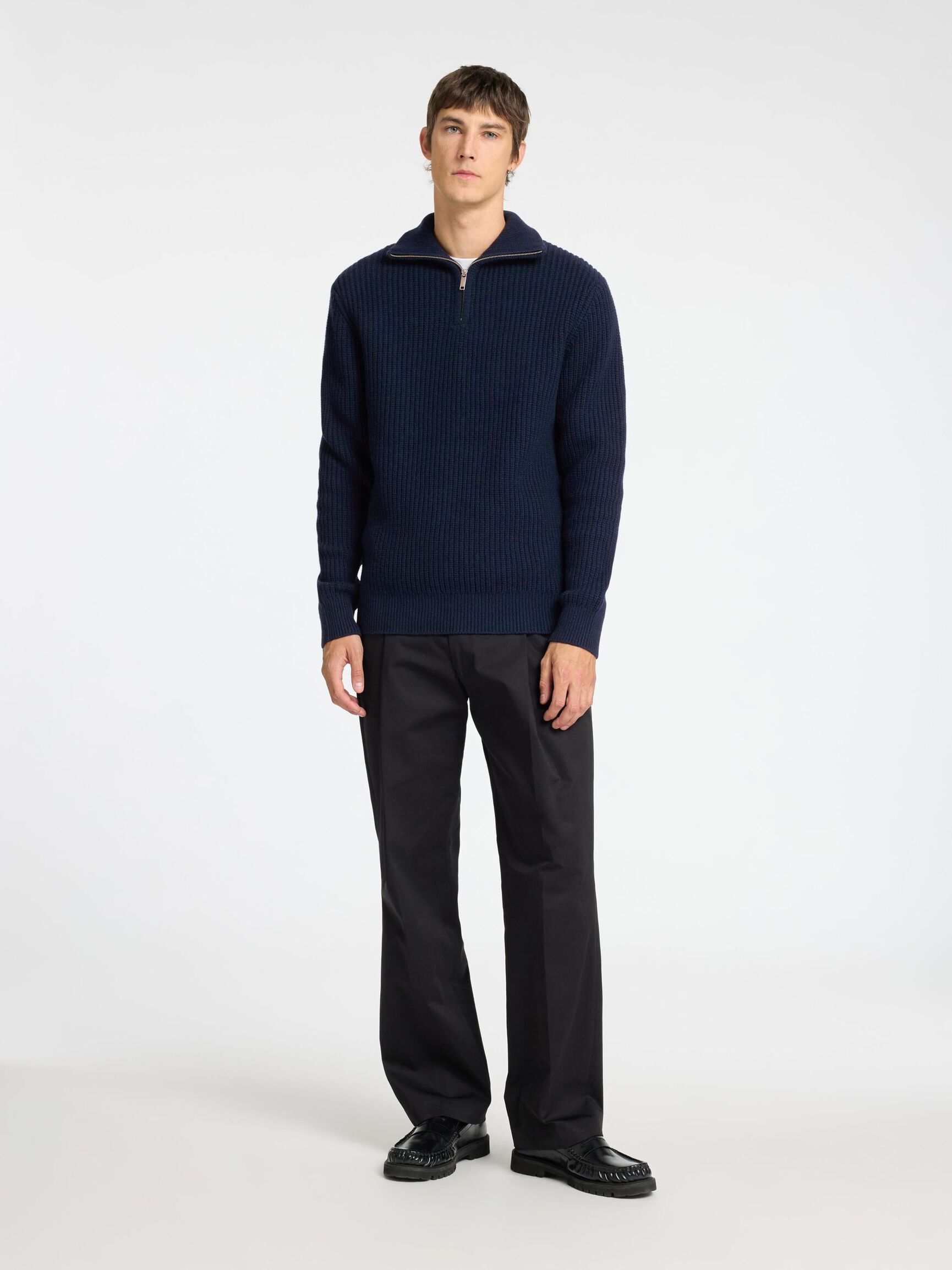 WOLLGEMISCH STRICK HALF-ZIP PULLOVER, Sky Captain, highres