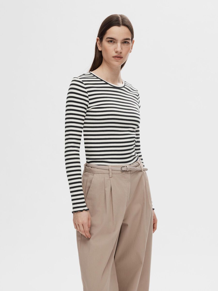 Selected GESTREEPT T-SHIRT MET LANGE MOUWEN, Black, highres - 16078946_Black_841417_003.jpg