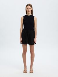 MID WAIST LINEN-BLEND SHORTS, Black, highres