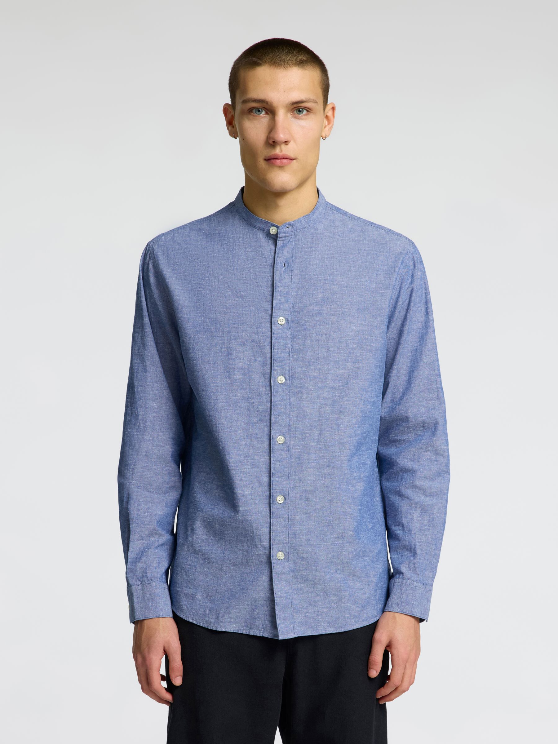 LANGARM LEINENMIX HEMD, Medium Blue Denim, highres