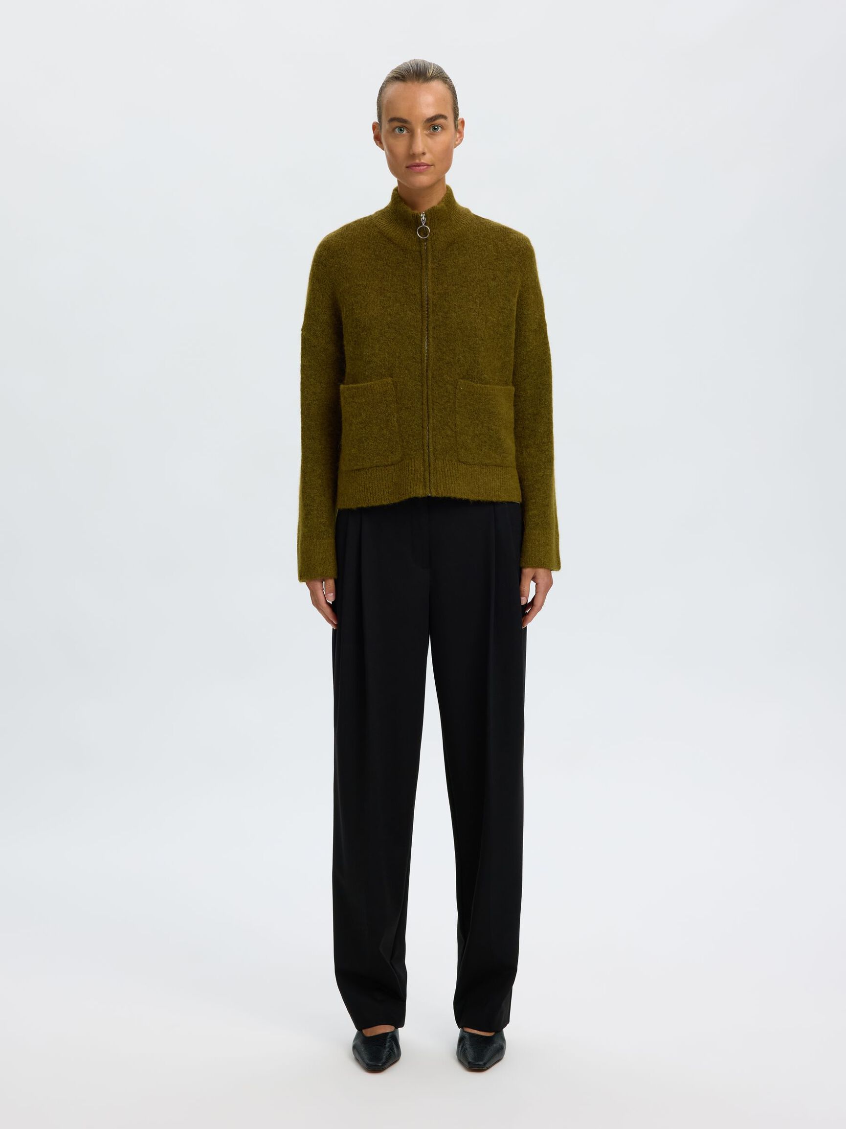 WOOL BLEND CARDIGAN, Fir Green, highres