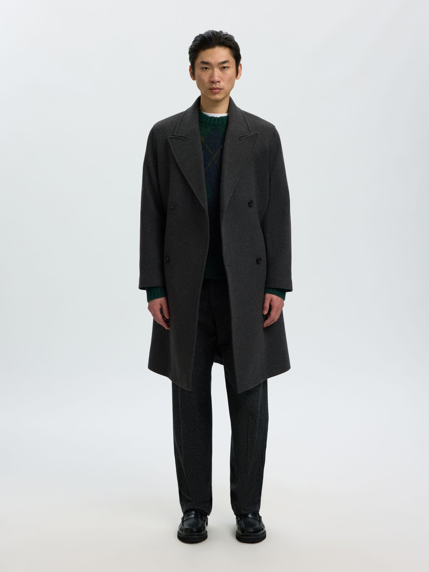 DOUBLE BREASTED WOOL BLEND LONG COAT, Dark Grey, highres