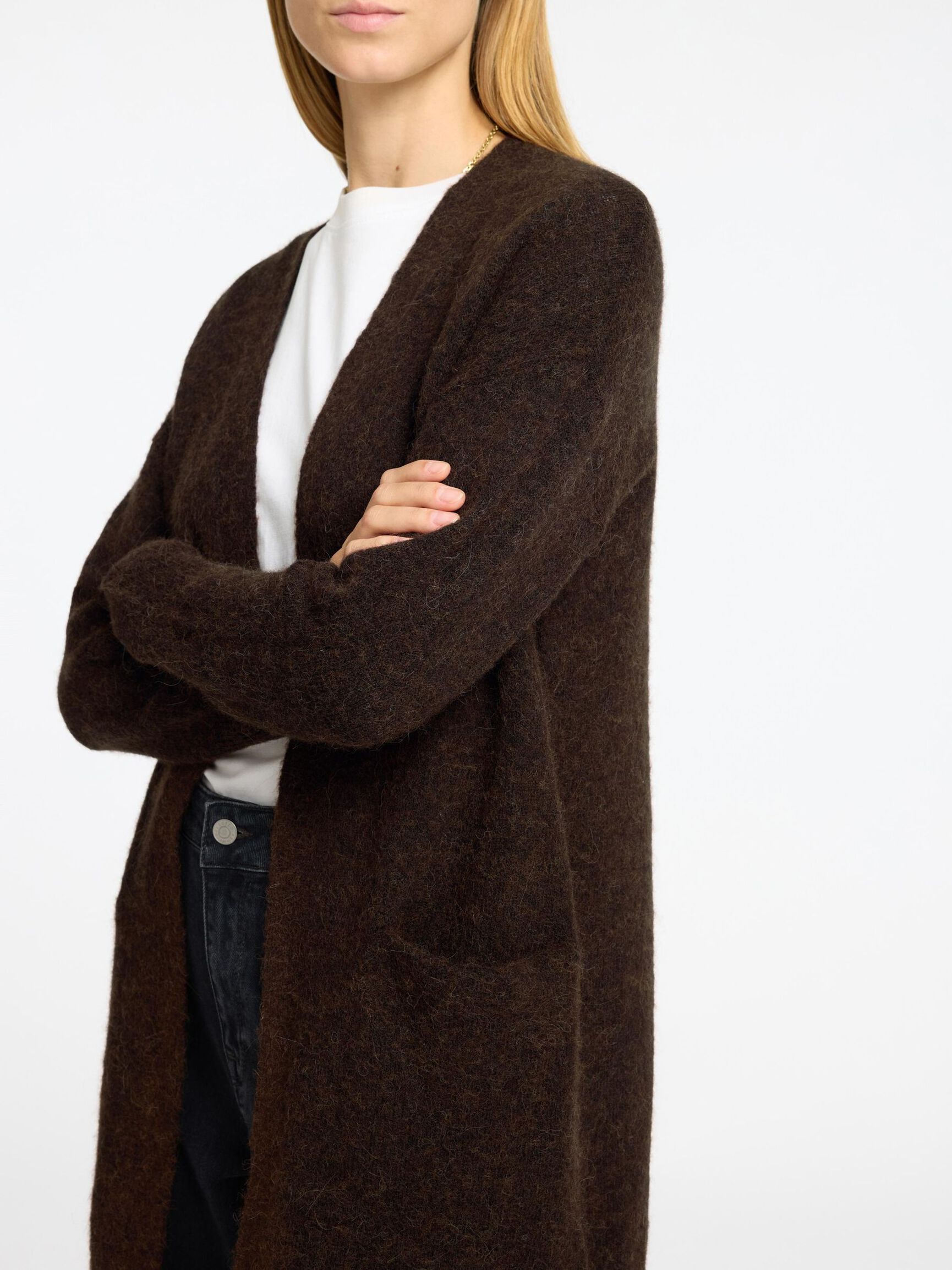 LANGE STRICKJACKE, Coffee Bean, highres