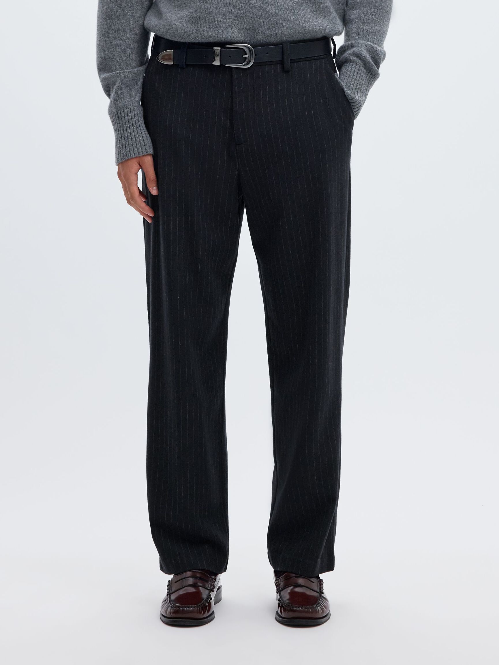 WOOL BLEND LOOSE-FIT TROUSERS, Dark Navy, highres