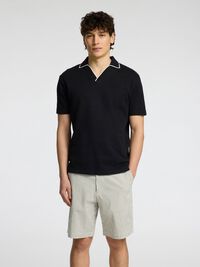 COTTON BLEND SPLIT NECK POLO SHIRT, Black, highres