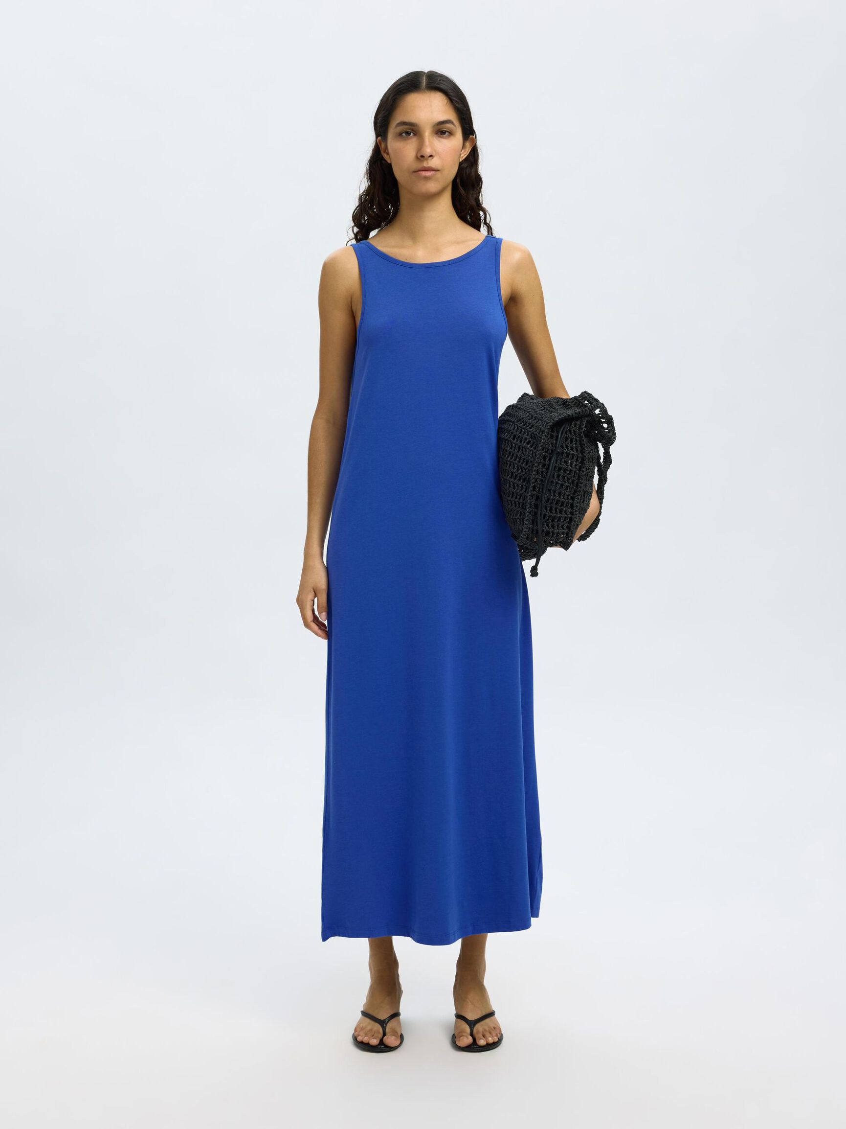 COTTON BLEND SLEEVELESS MAXI DRESS, Dazzling Blue, highres