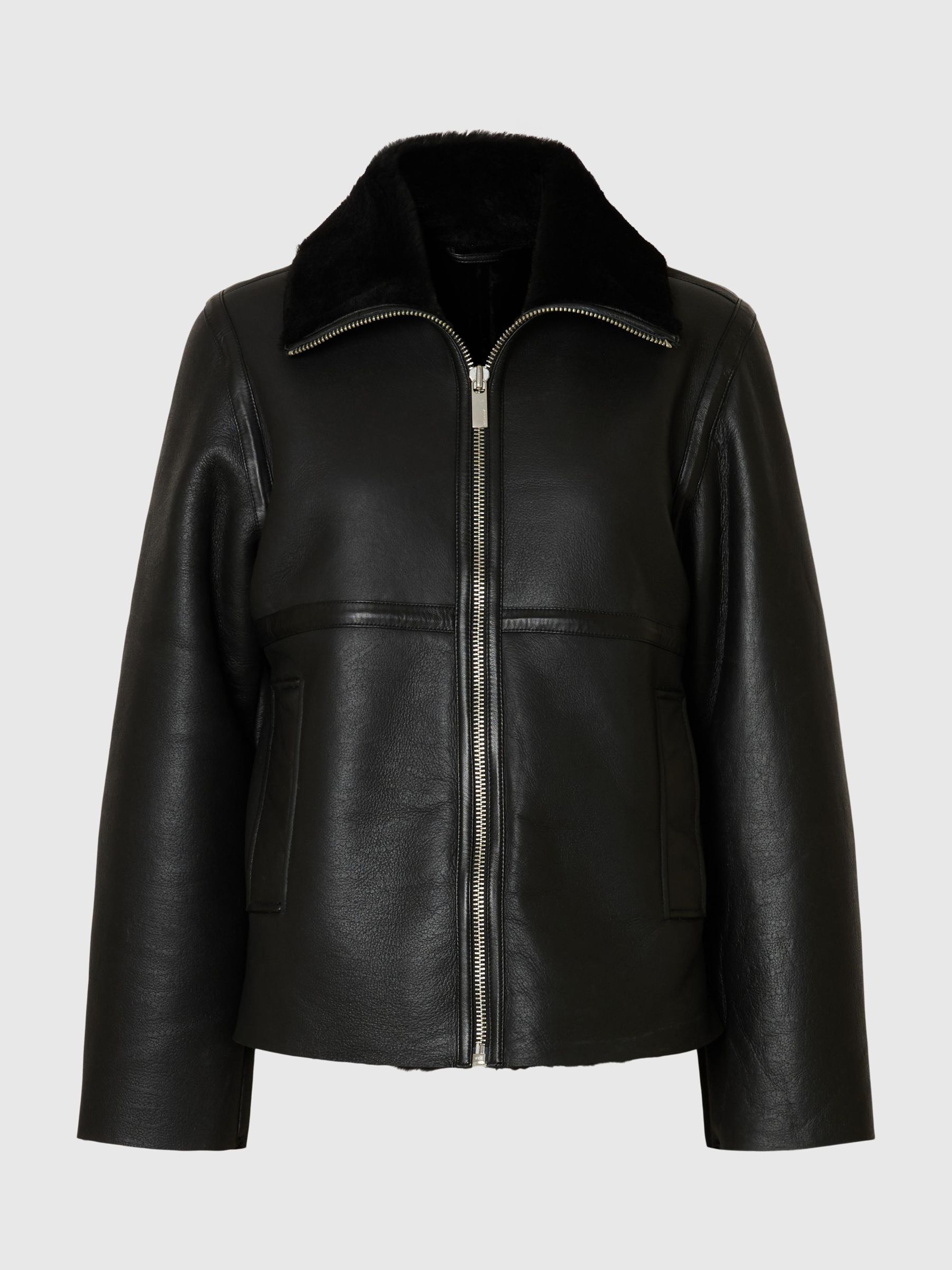 SHEARLING LEATHER JACKET | Black | Selected